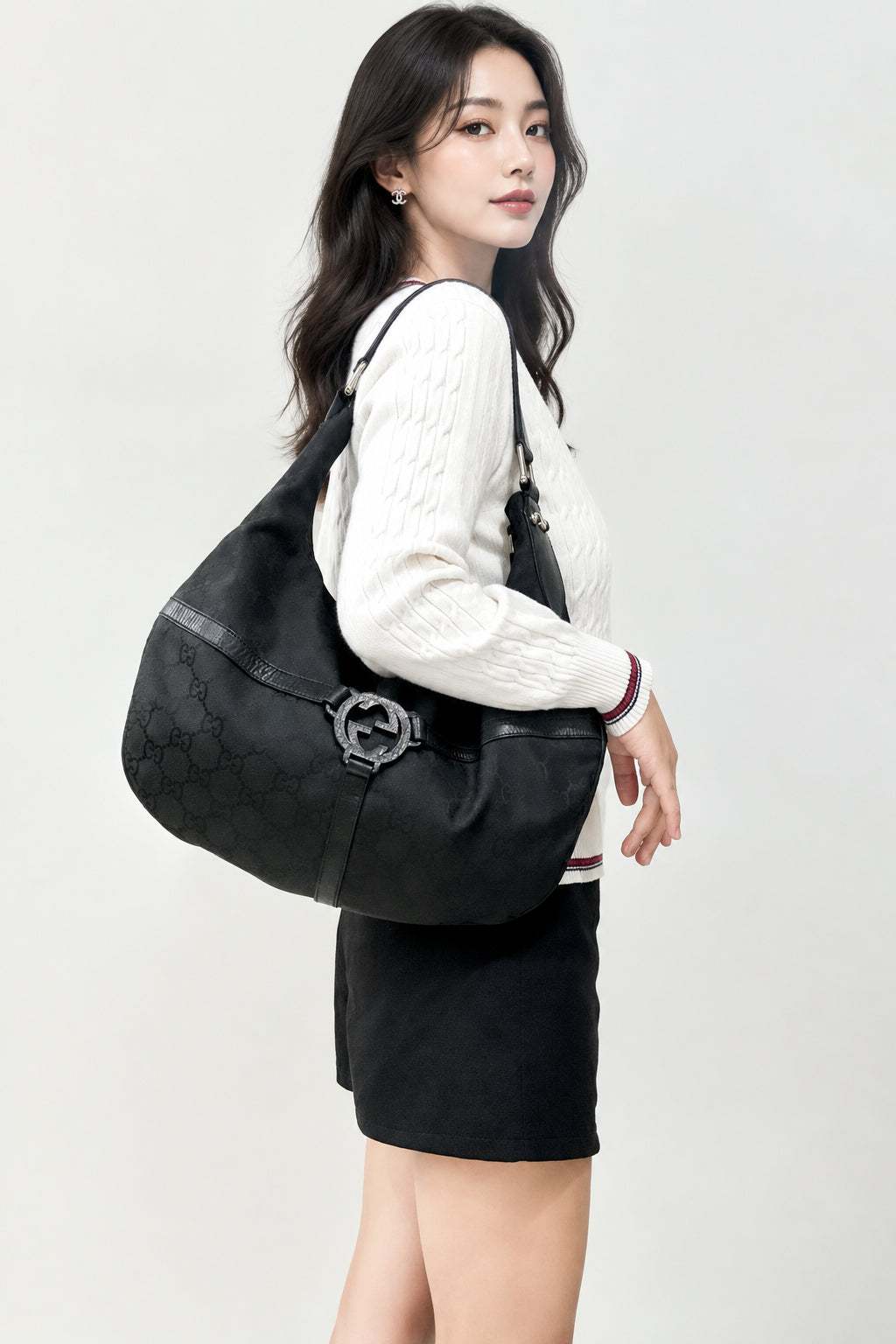 Gucci Black GG Reins Hobo Bag