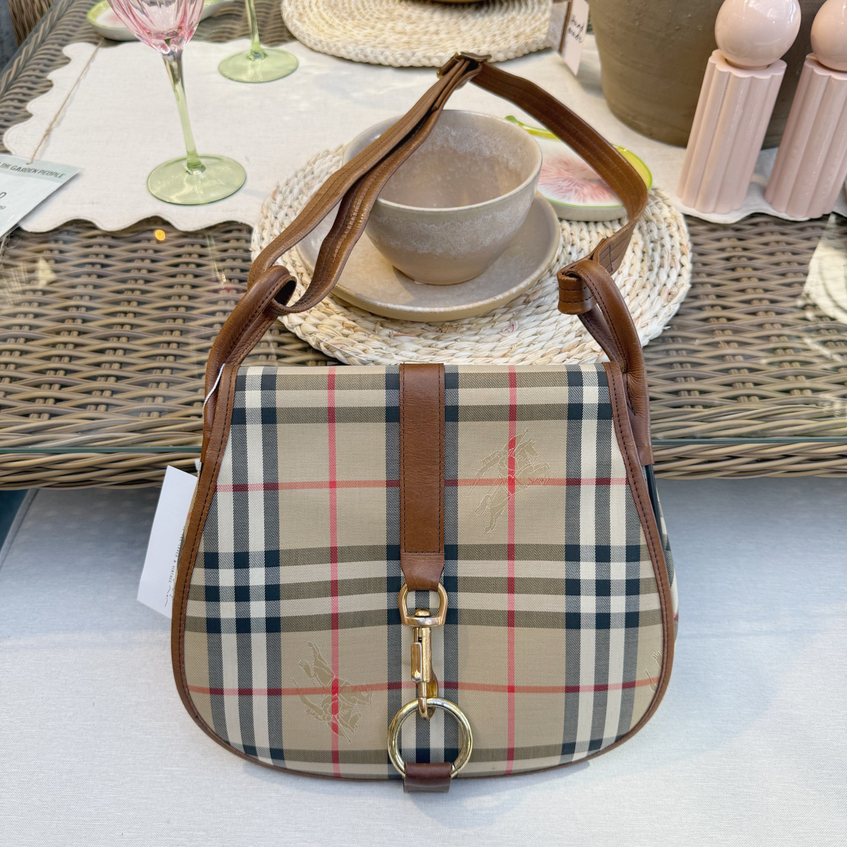 Burberry Nova Check Shoulder Bag Canvas Leather Beige Brown