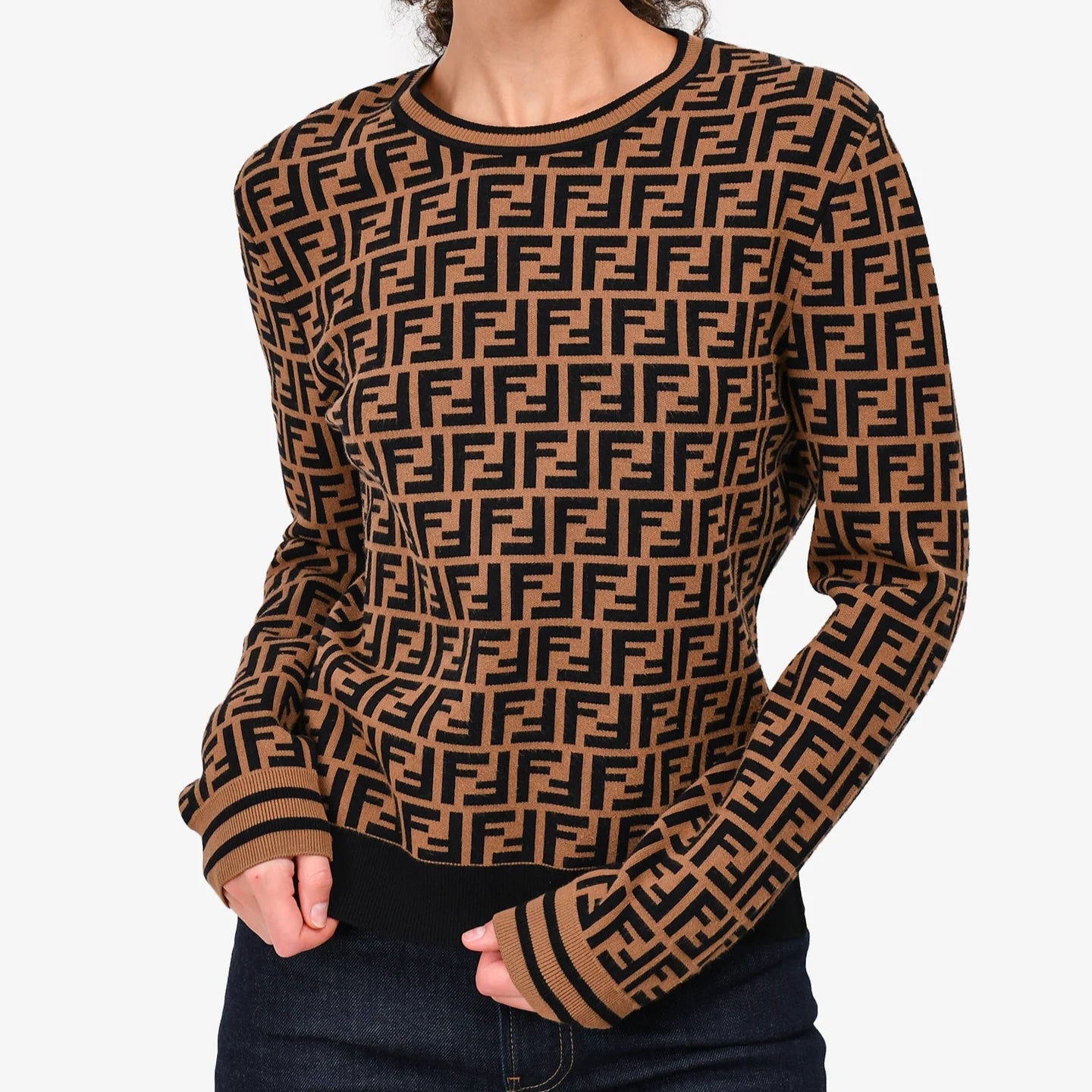 Fendi FF Monogram Pullover Knit Crew Neck Rayon Brown Black