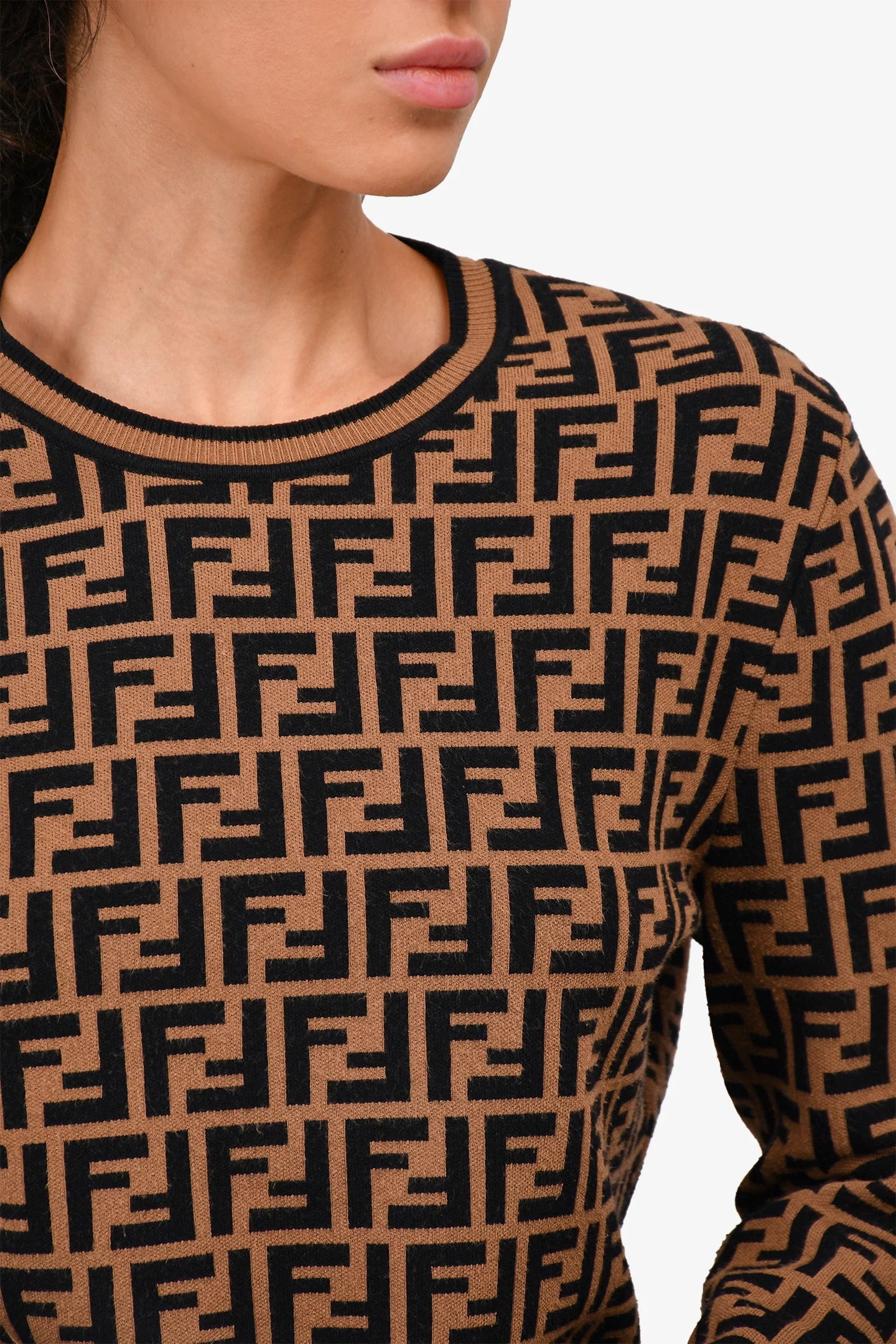 Fendi FF Monogram Pullover Knit Crew Neck Rayon Brown Black