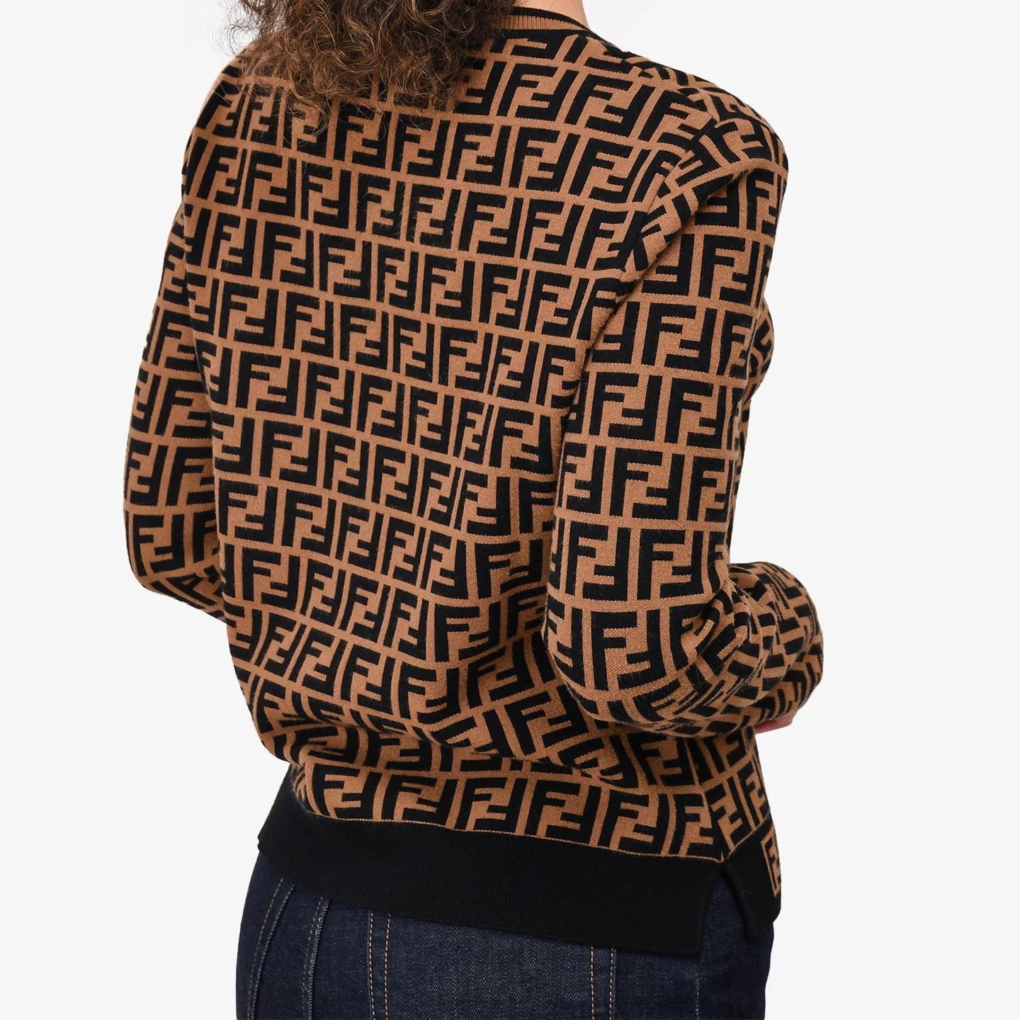 Fendi FF Monogram Pullover Knit Crew Neck Rayon Brown Black