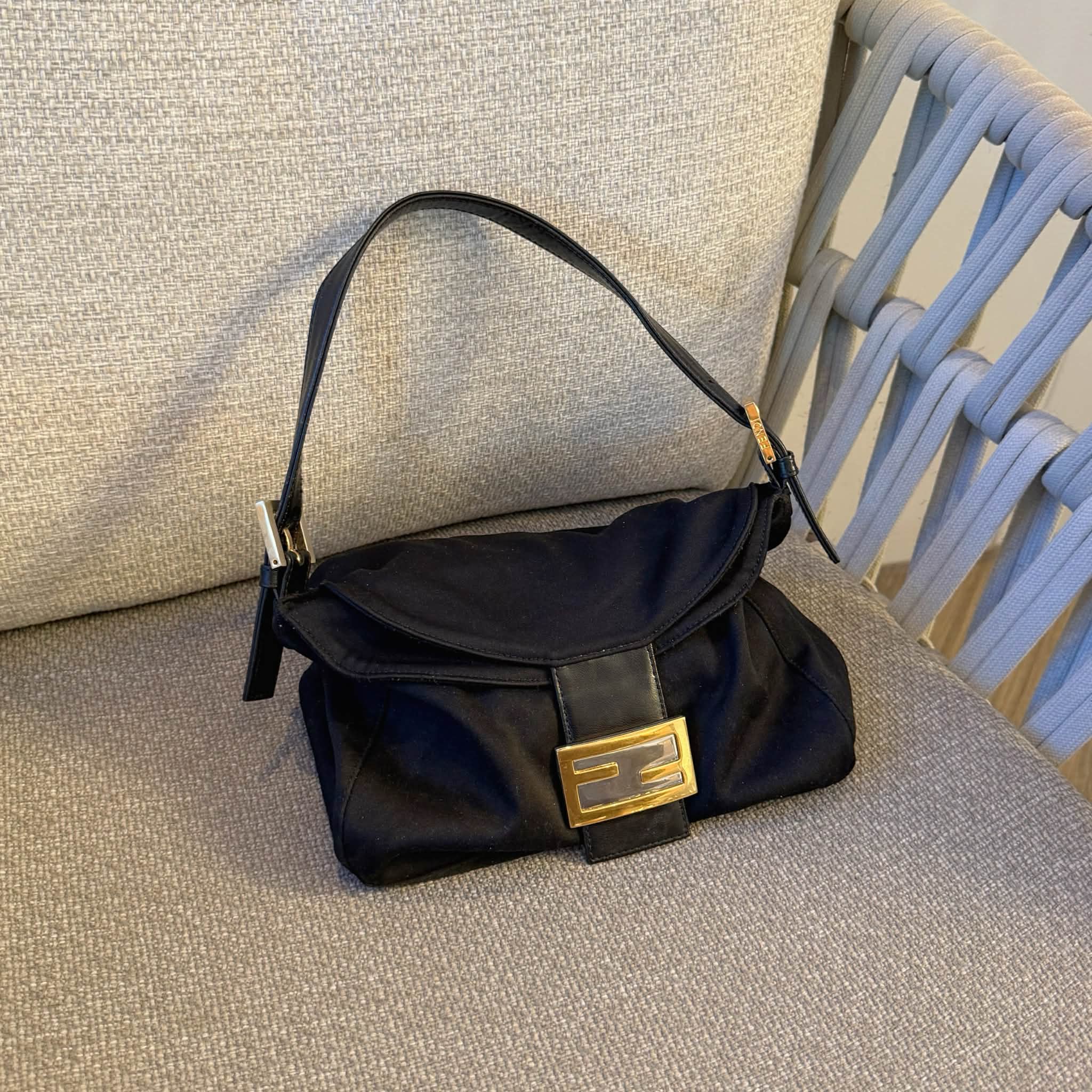 FENDI BLACK WOOL MAMMA BAGUETTE BAG