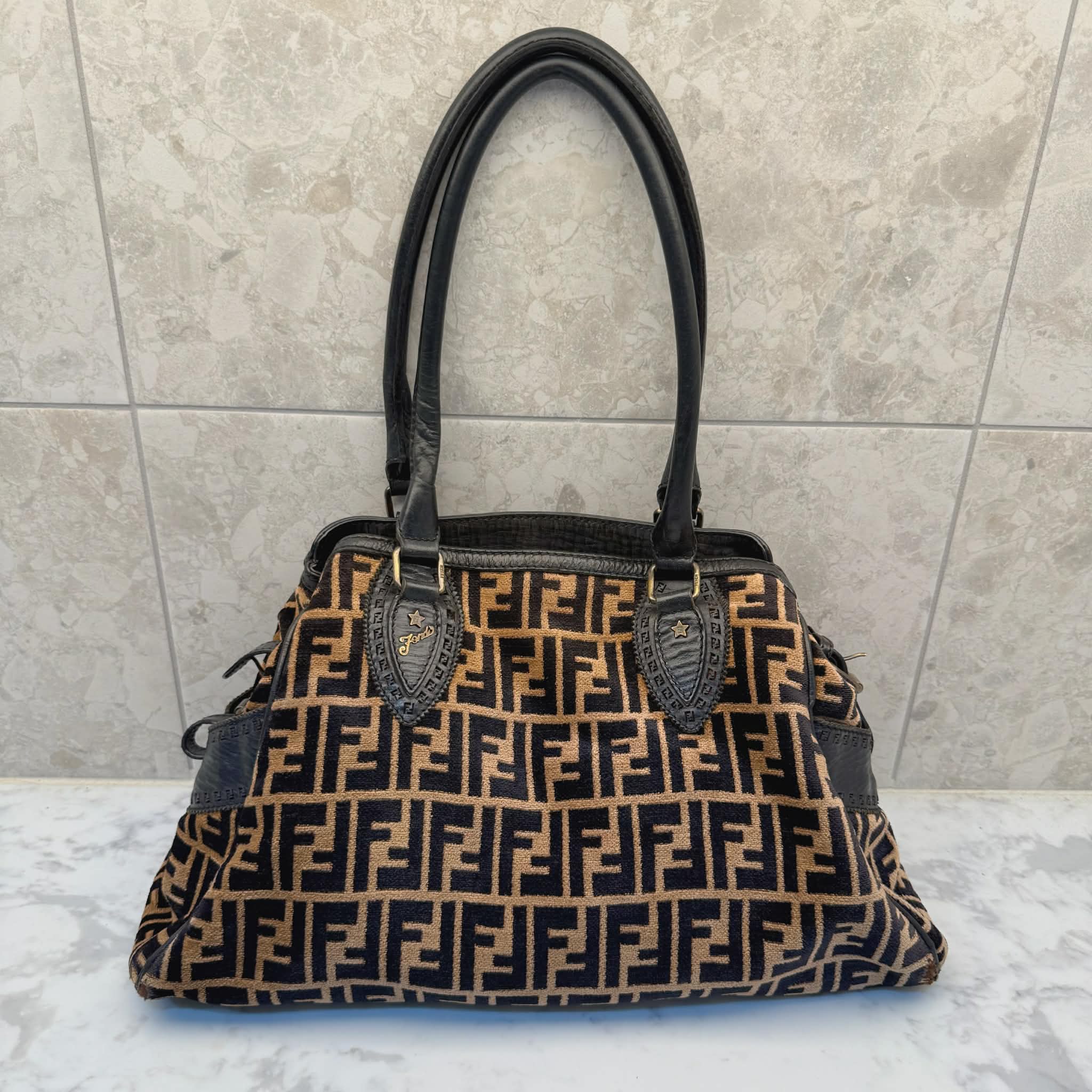 Fendi Black/Tobacco Velvet and Leather Medium Chef De Jour Bag