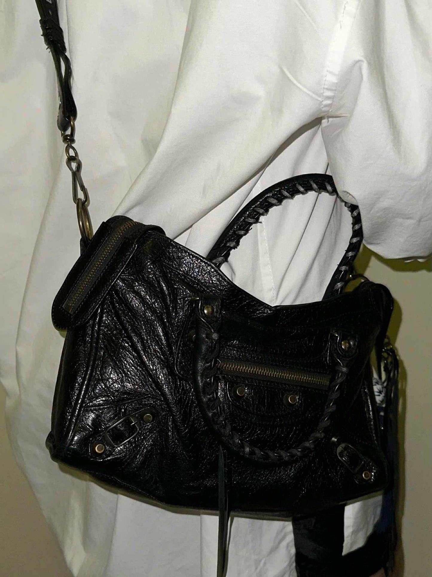 Balenciaga Classic City Black Leather Bag with Logo Strap
