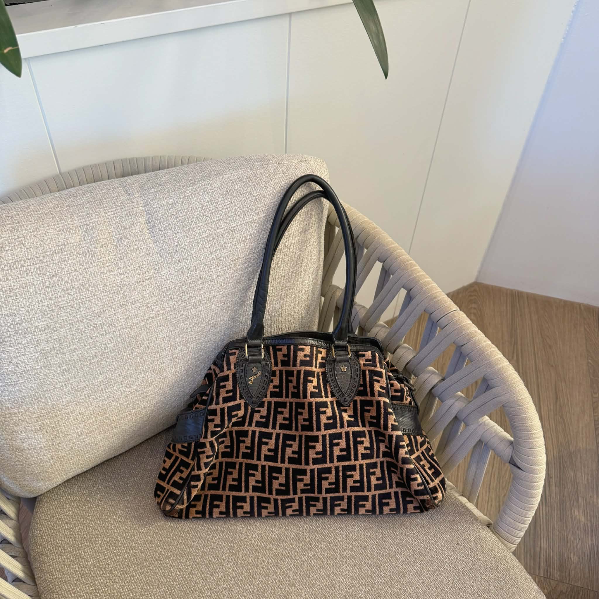 Fendi Black/Tobacco Velvet and Leather Medium Chef De Jour Bag