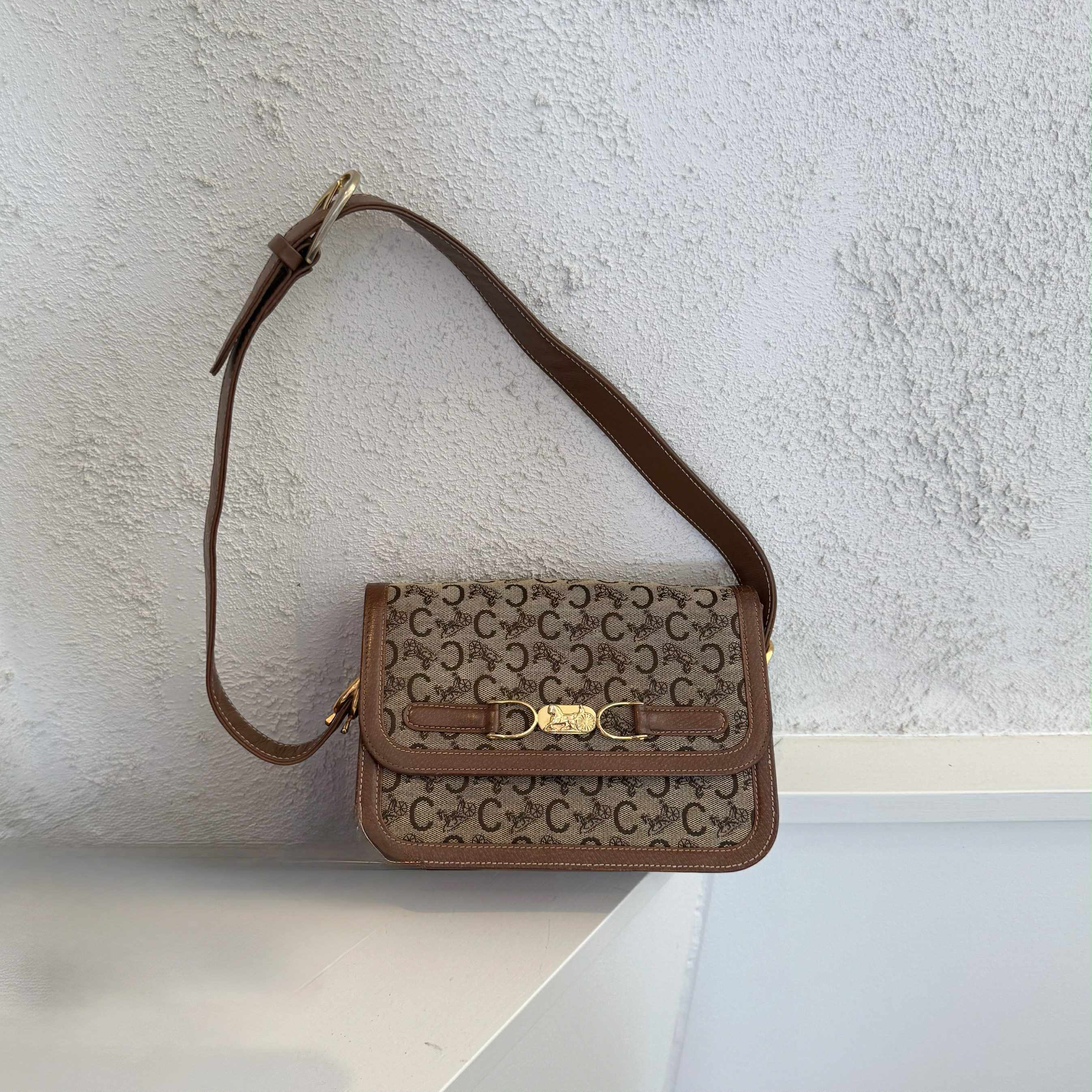 (Reserved) Celine Brown Canvas Horsebit Shoulder Bag