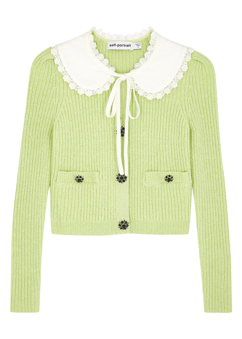 Self Portrait Contrast Collar Knit Cardigan - Avocado