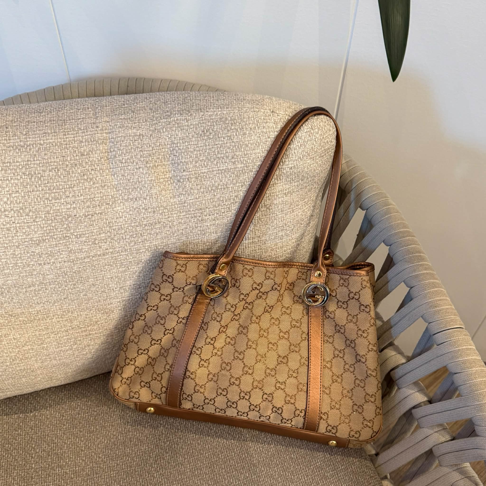 Gucci Beige/Bronze GG Canvas and Leather Large GG Twins Tote