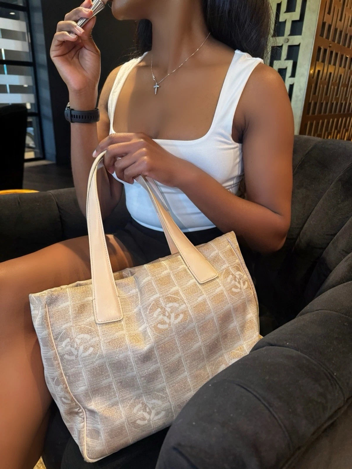 Chanel Beige Nylon CC Logo Travel Line Tote Bag