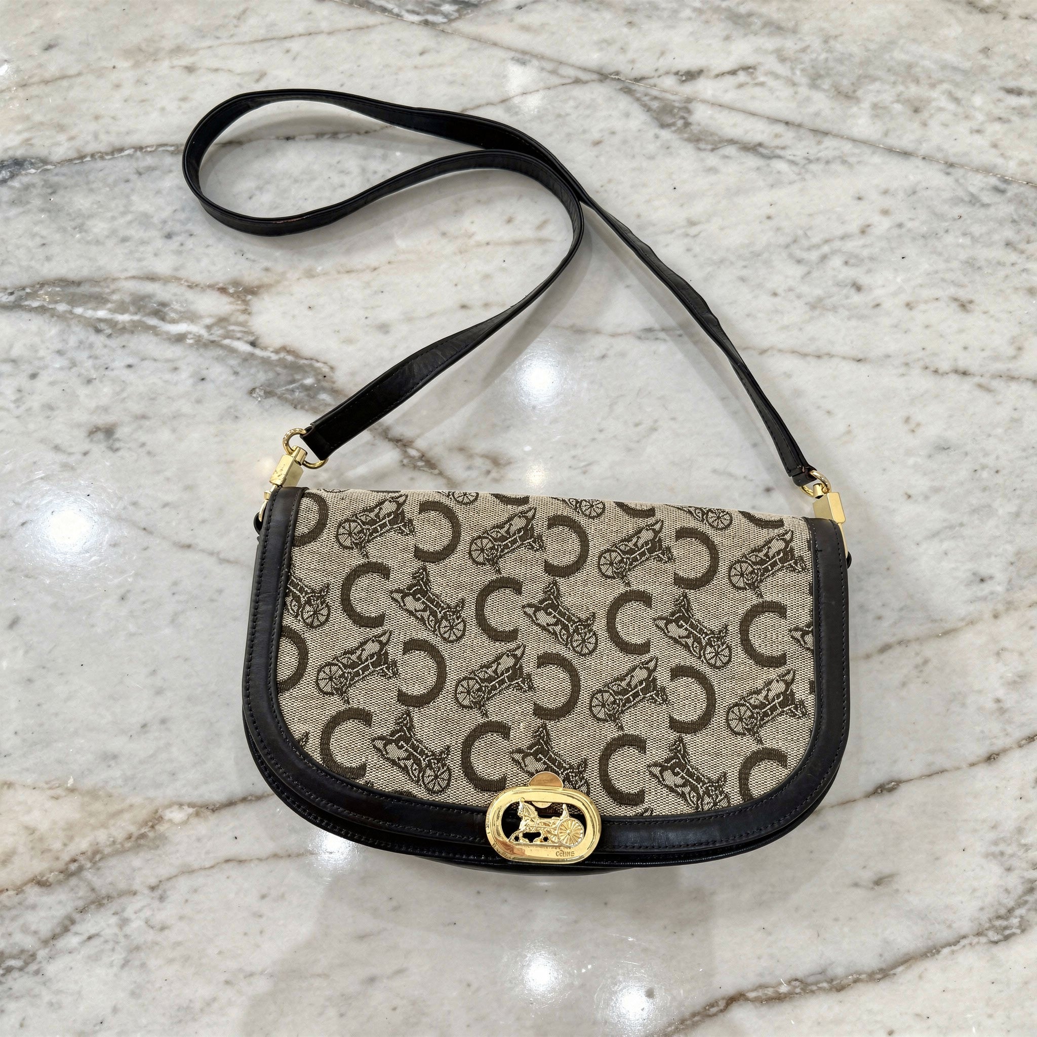 Celine Brown Canvas Horsebit Shoulder Bag