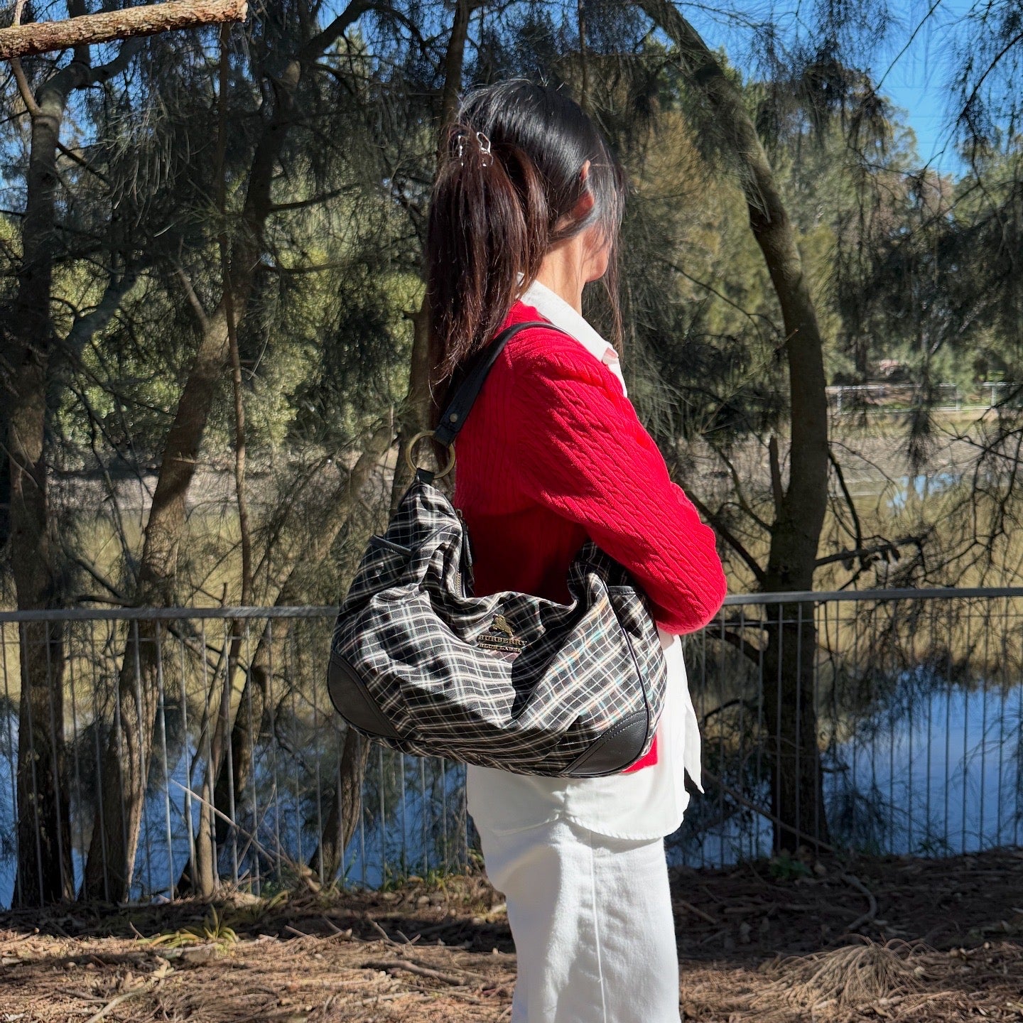 Burberry Black/White Nova Check Canvas and Leather Buckle Hobo