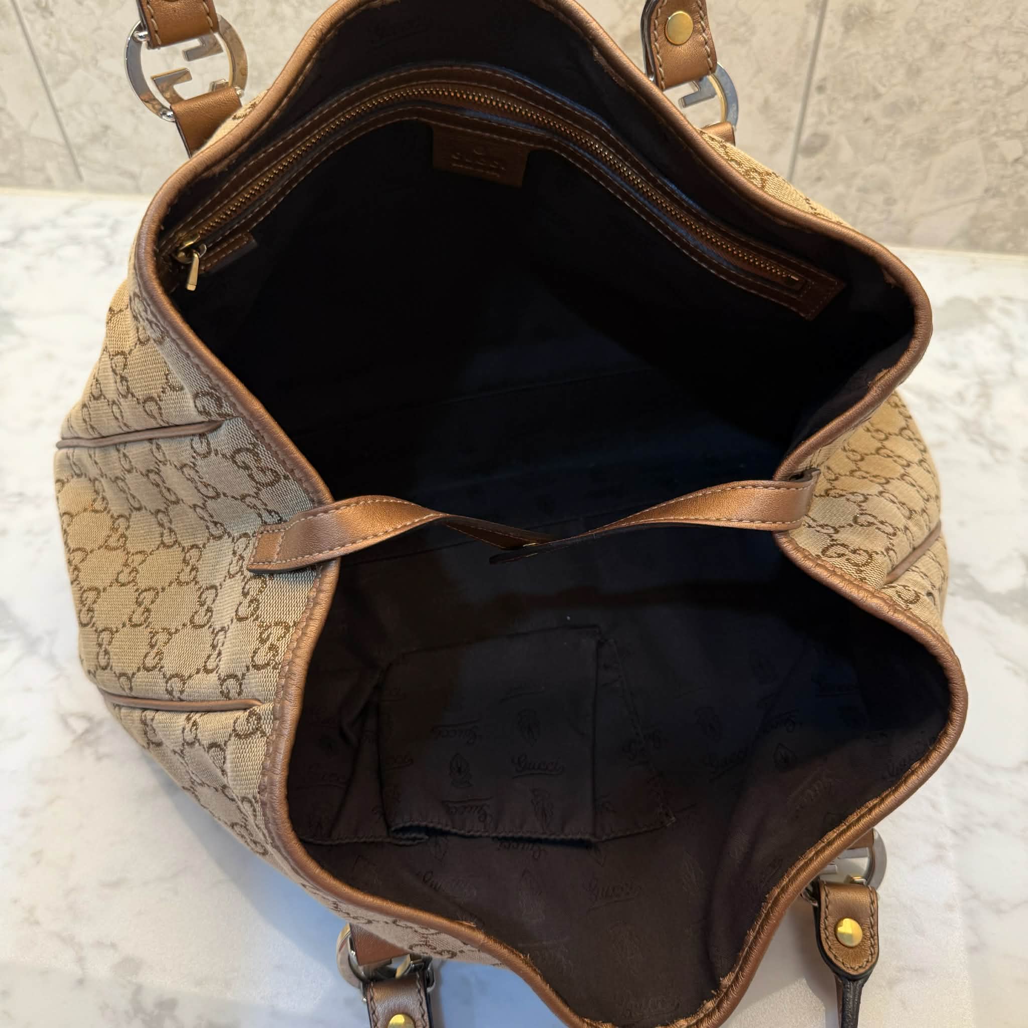 Gucci Beige/Bronze GG Canvas and Leather Large GG Twins Tote