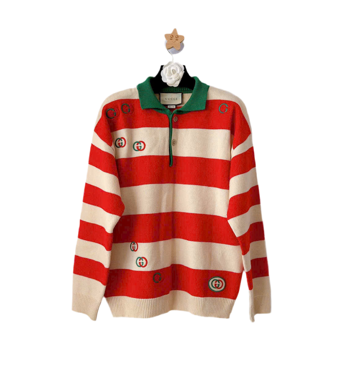 GUCCI Logo Embroidered Striped Cotton Half-Placket Sweater
