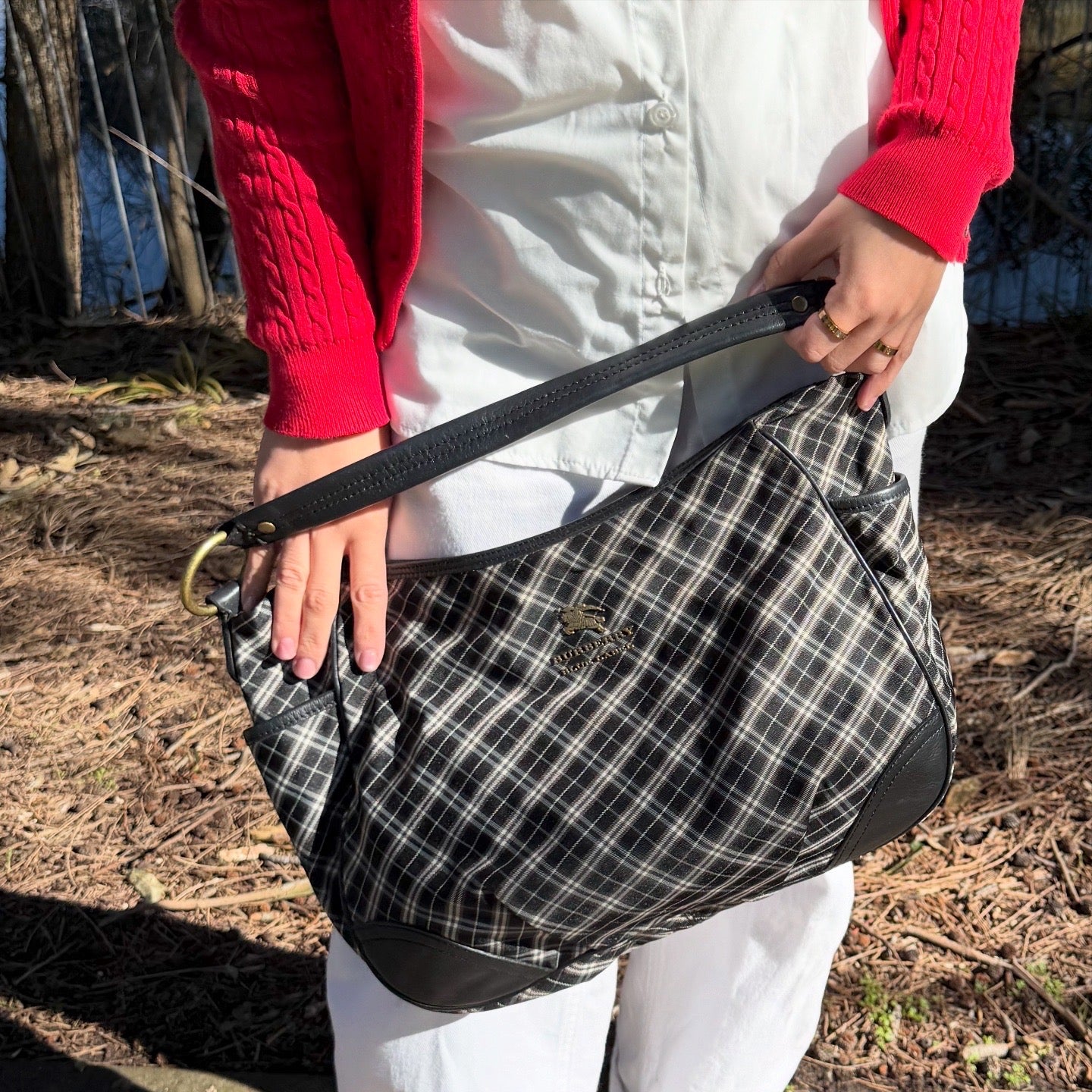 Burberry Black/White Nova Check Canvas and Leather Buckle Hobo