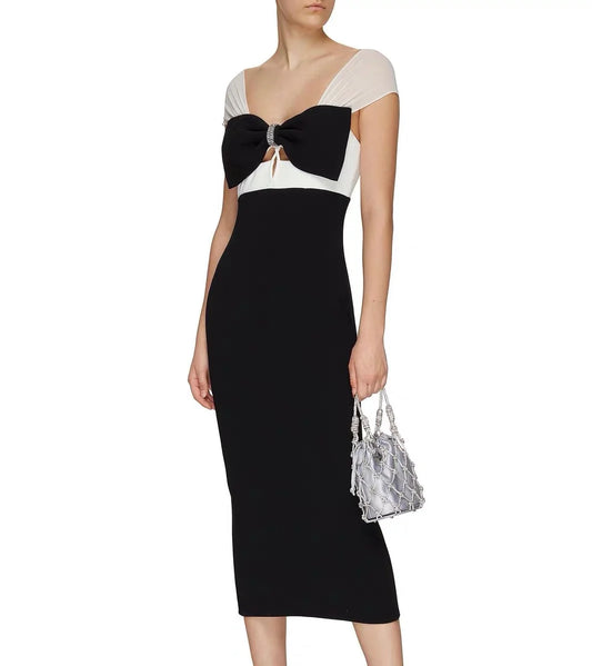 SELF PORTRAIT CREPE CRYSTAL BOW MIDI DRESS BLACK/WHITE