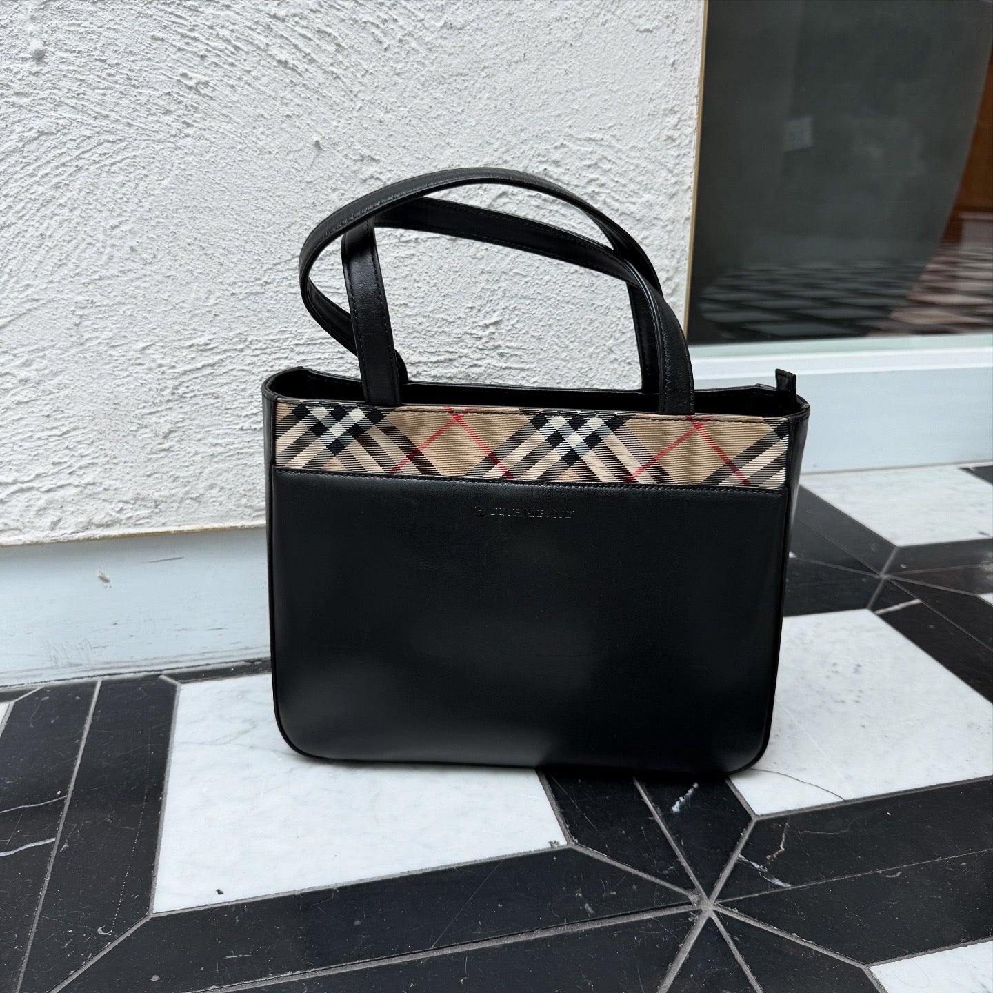 Burberry Nova Check Canvas Trimmed Leather Shoulder Bag