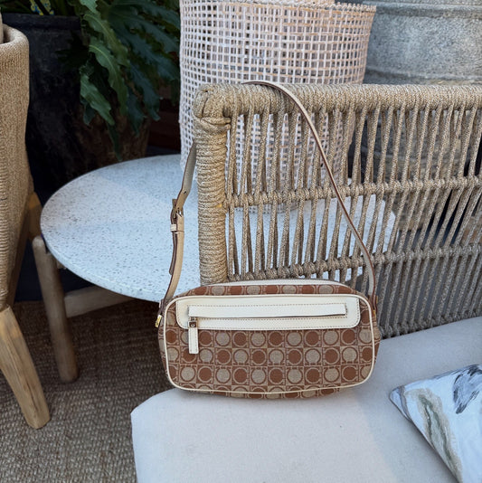 Salvatore Ferragamo Gancini Monogram Canvas Shoulder Bag Beige