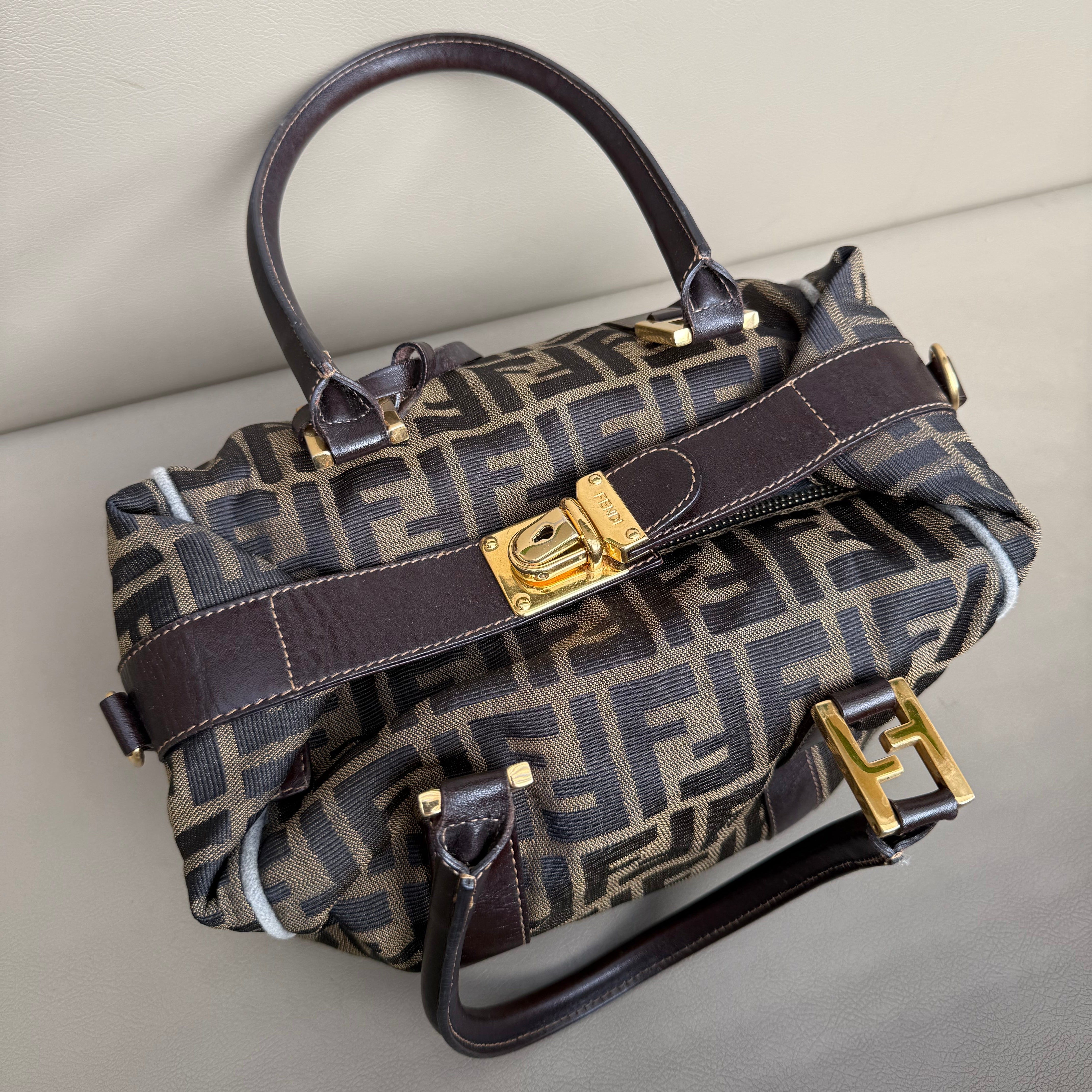 Fendi Vintage handle bowling bag canvas brown GHW