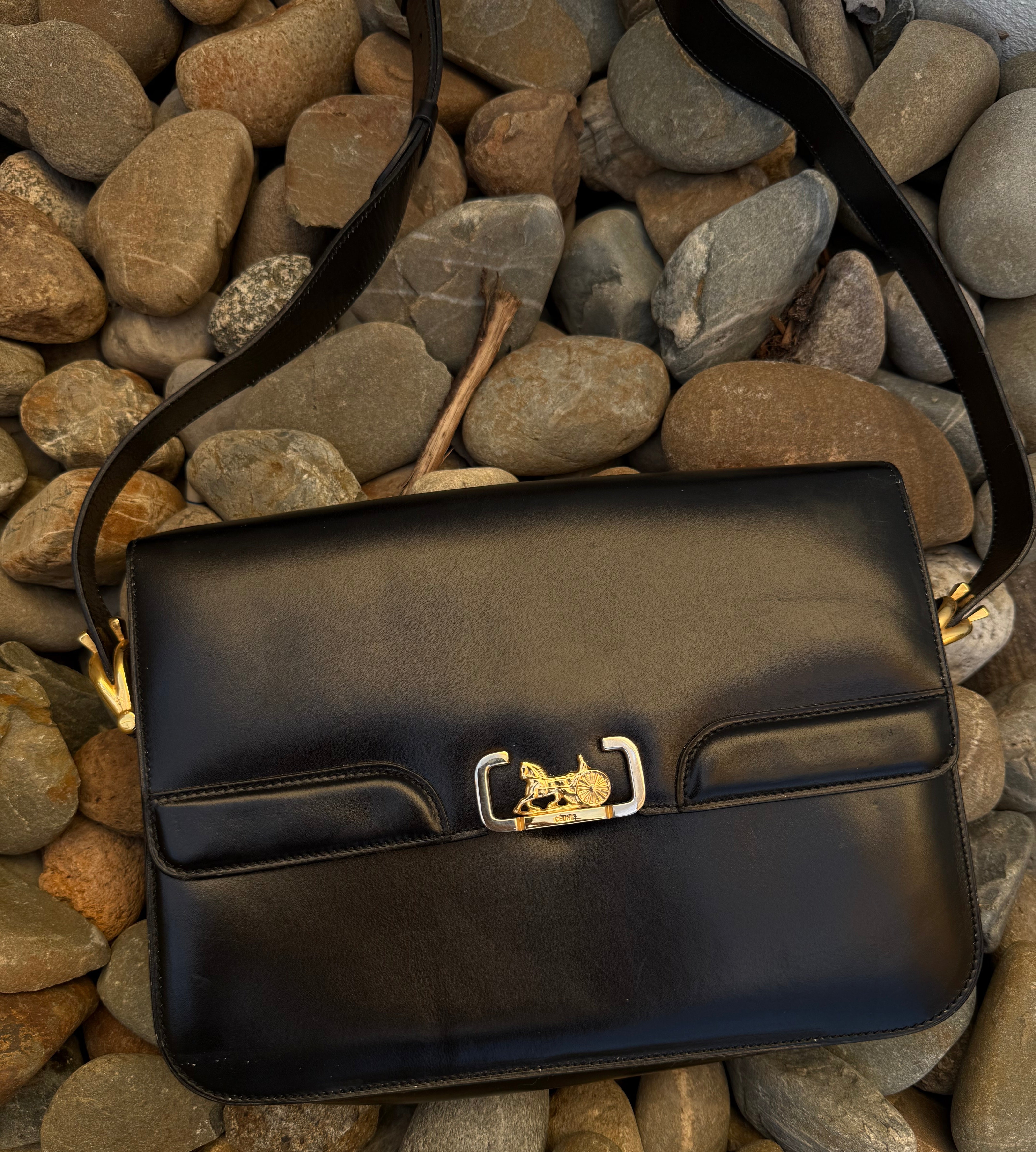 Celine Vintage Black Leather Horse Carriage Shoulder Bag