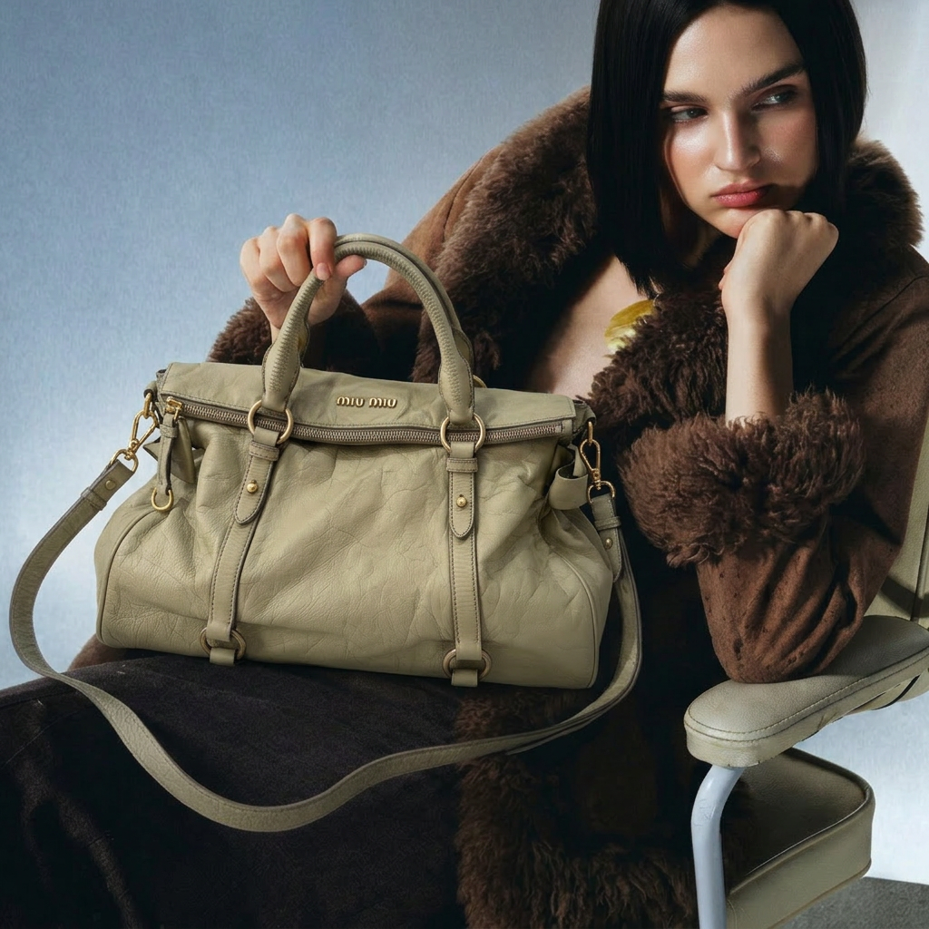 Miu Miu Vitello Lux Leather Bow Satchel Beige