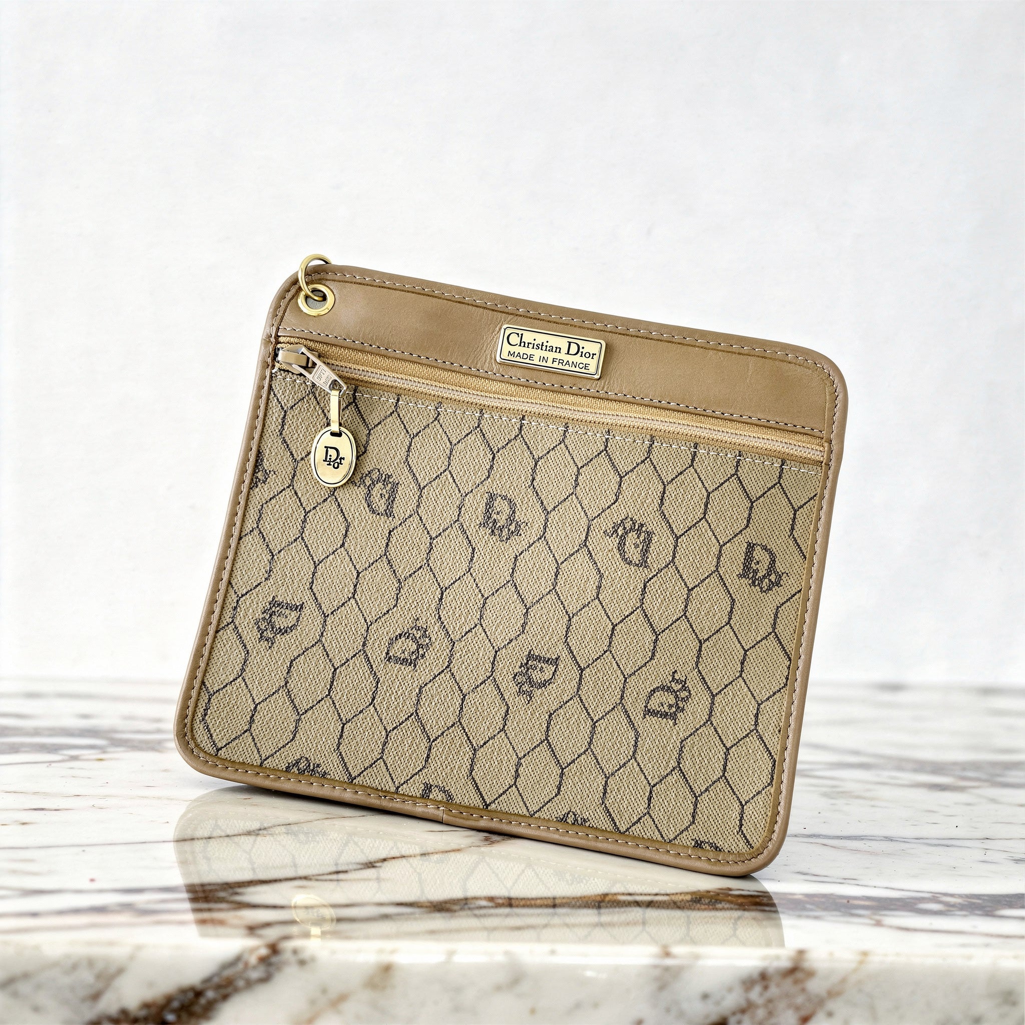 Christian Dior Honeycomb Canvas Pouch Leather Beige Dior Charm