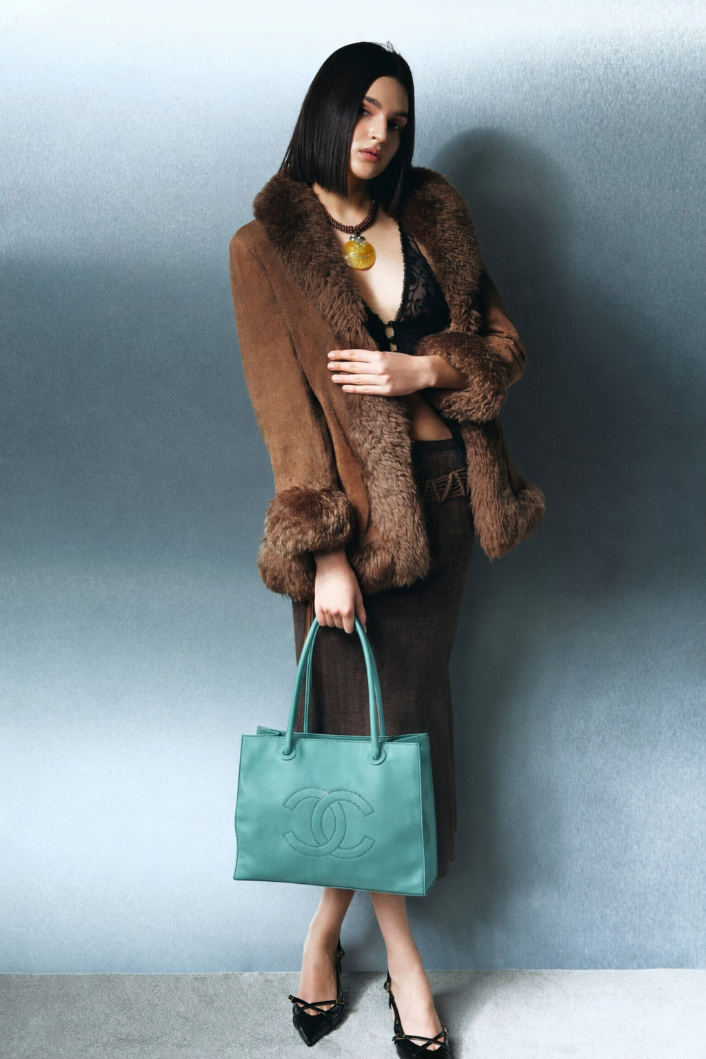 CHANEL COCO Logo Lamb Skin Turquoise Shoulder Bag 