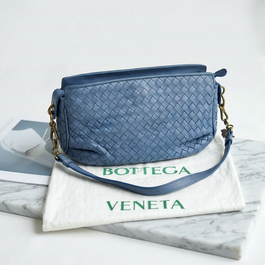 Bottega Veneta Blue Intrecciato Woven Nappa Leather