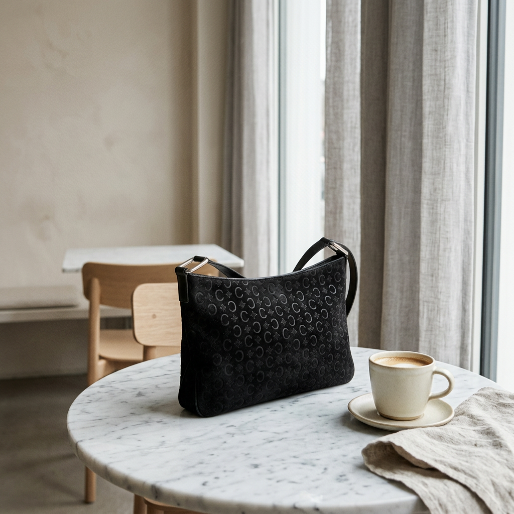 Celine Black C Logo Embossed Suede Leather