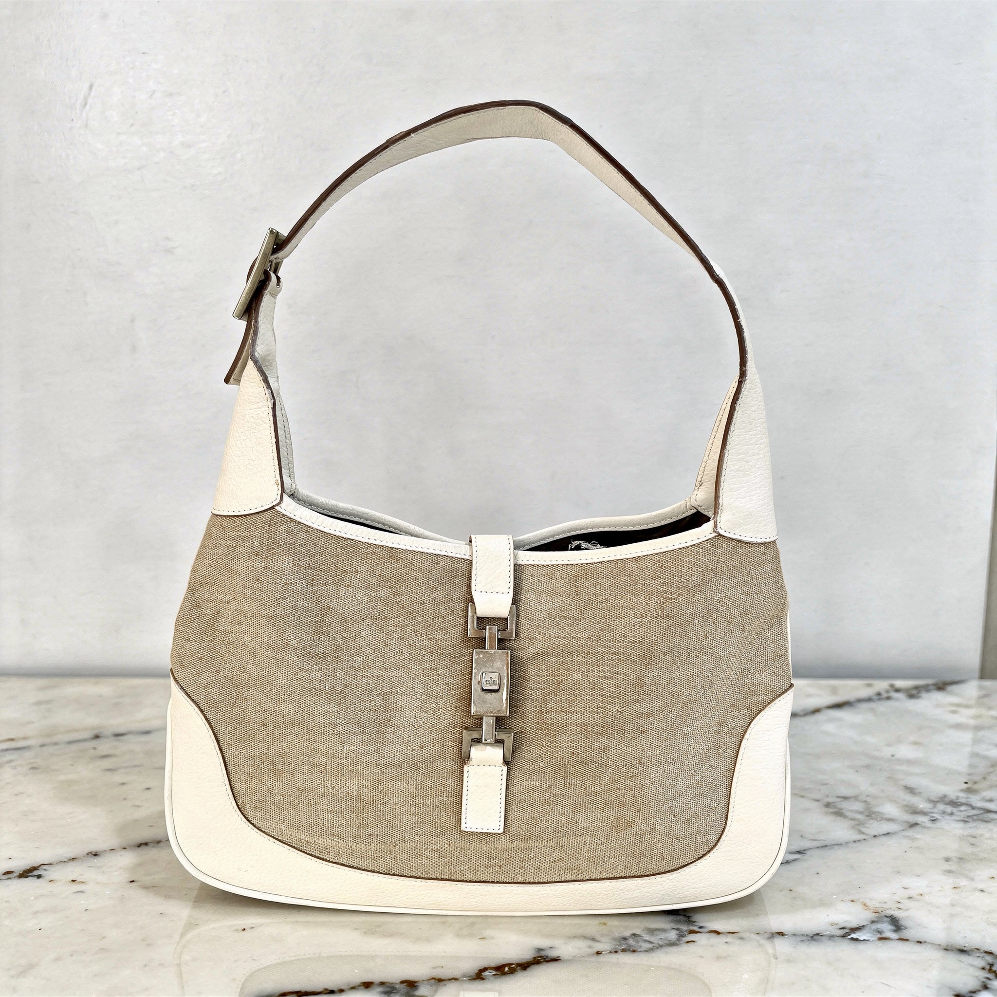 Gucci Jackie White Leather and Beige Canvas Bag