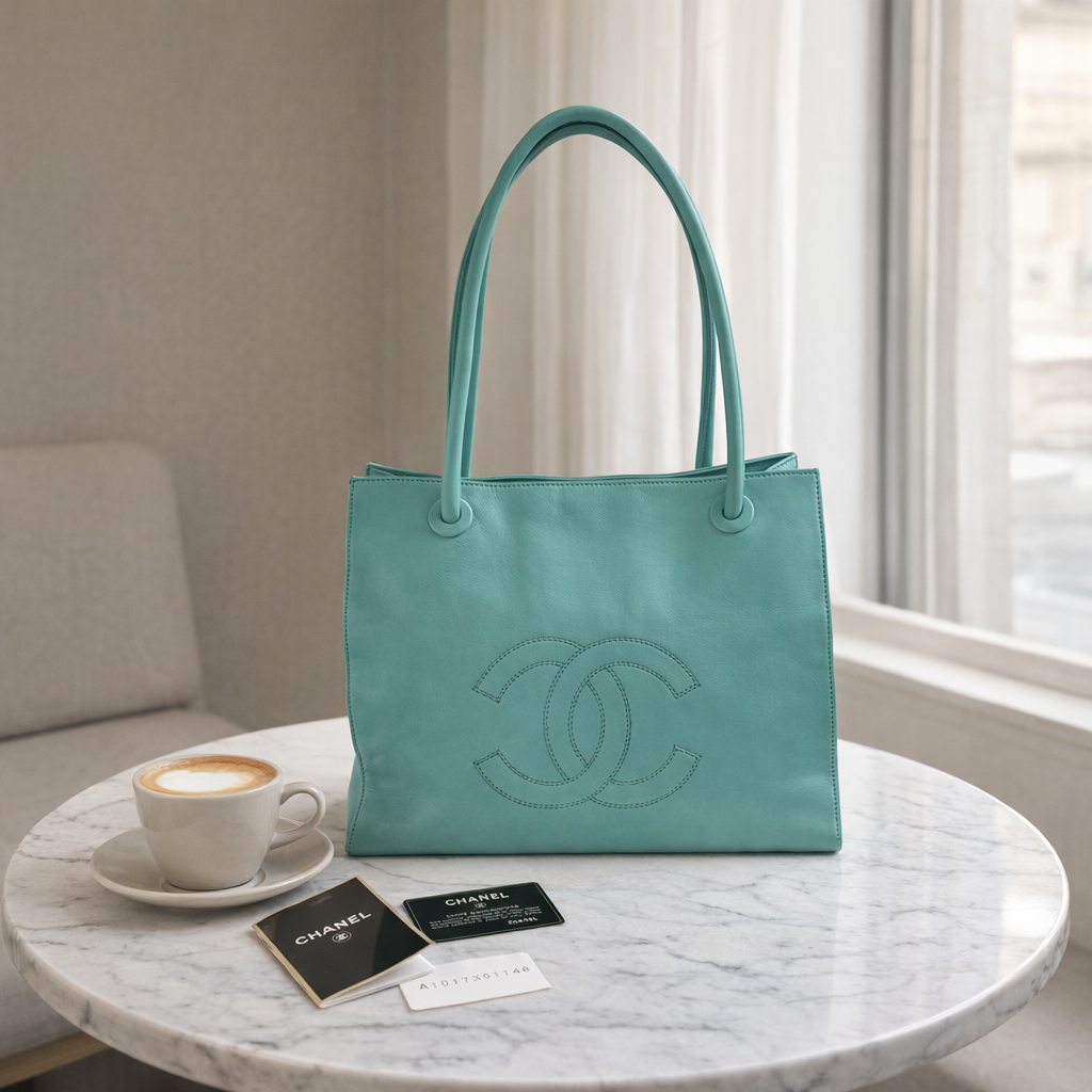 CHANEL COCO Logo Lamb Skin Turquoise Shoulder Bag 