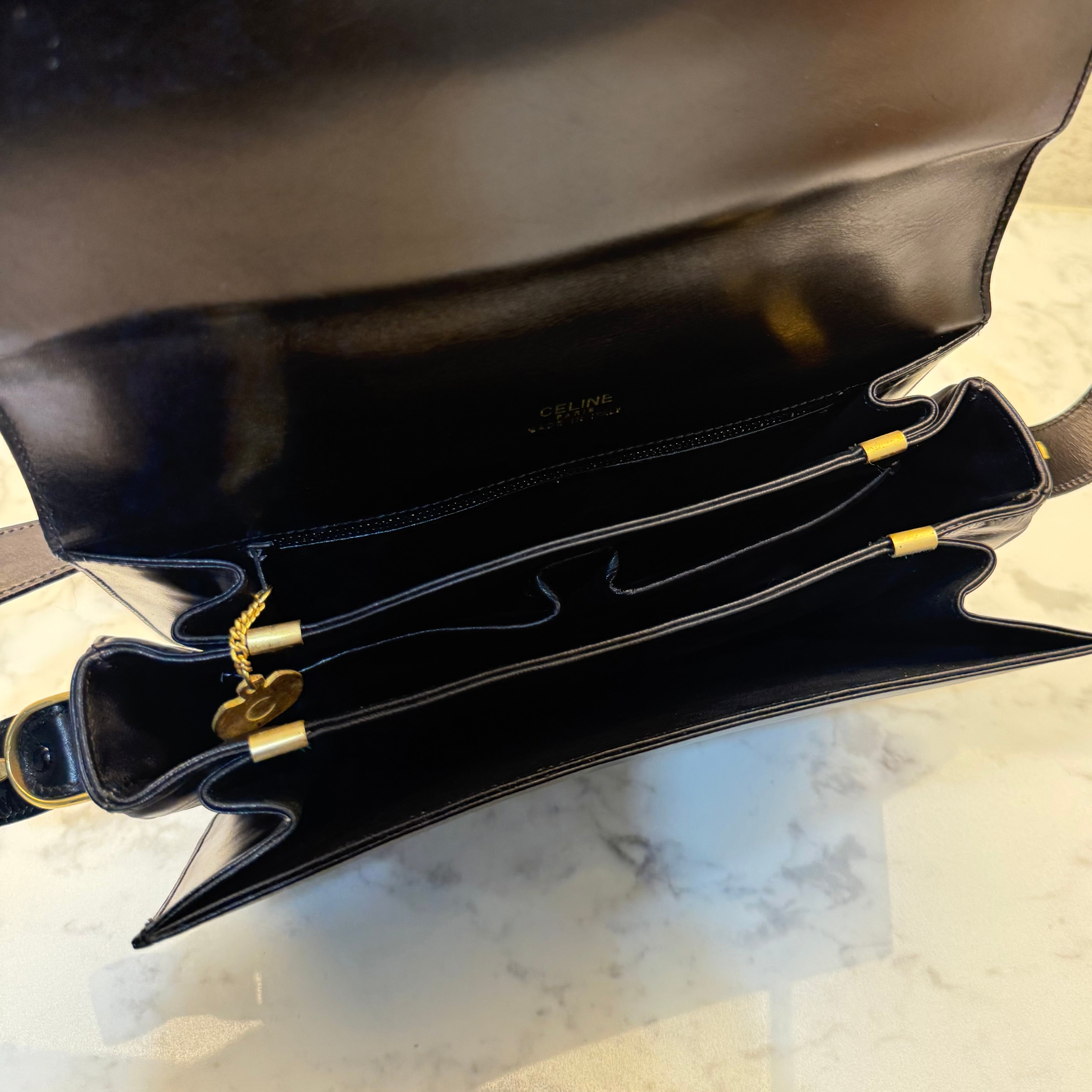 Celine Vintage Black Leather Horse Carriage Shoulder Bag