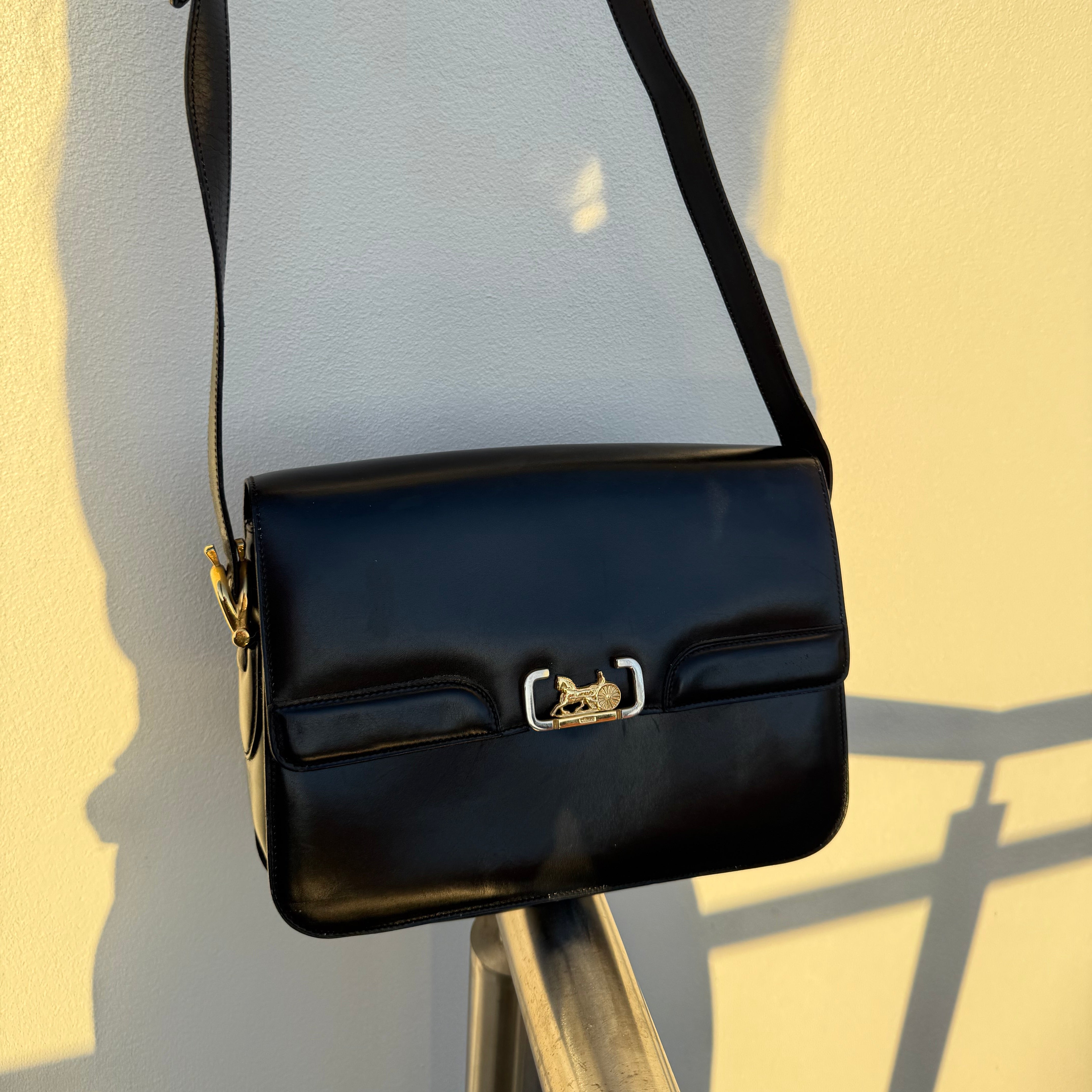 Celine Vintage Black Leather Horse Carriage Shoulder Bag