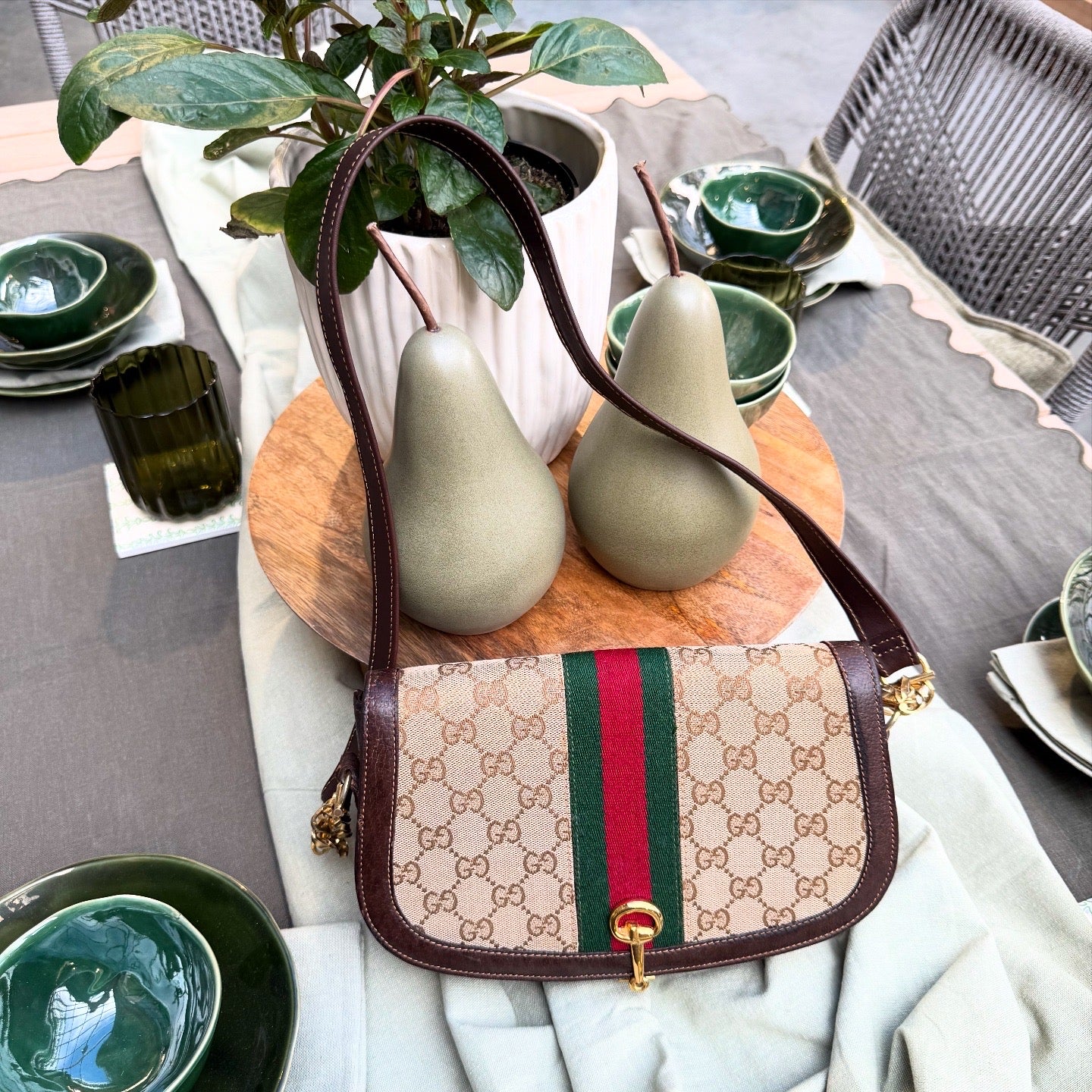 Gucci Vintage GG Beige Original Canvas & Brown Leather Bag