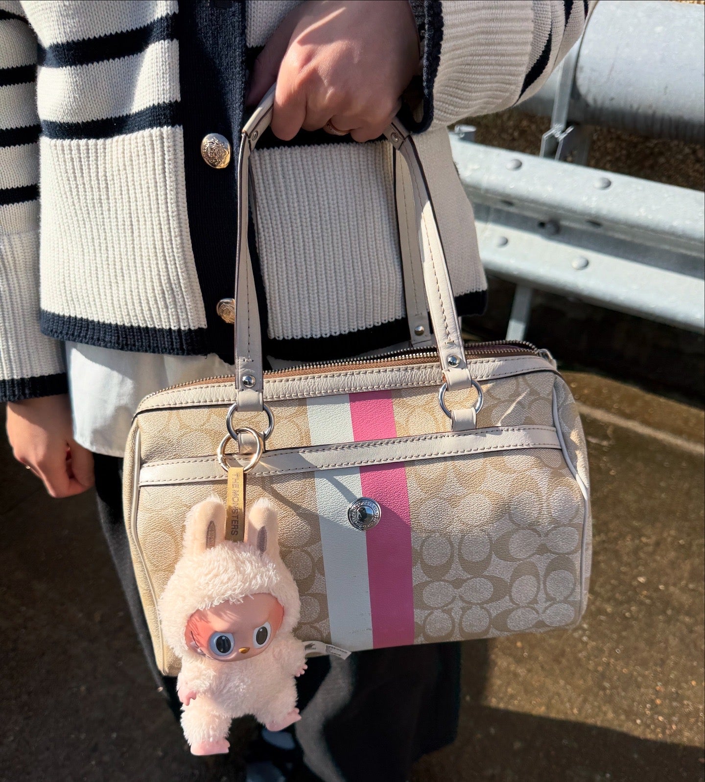 Coach Heritage Signature Stripe Barbie Peony Pink Coated Canvas Shoulder Bag