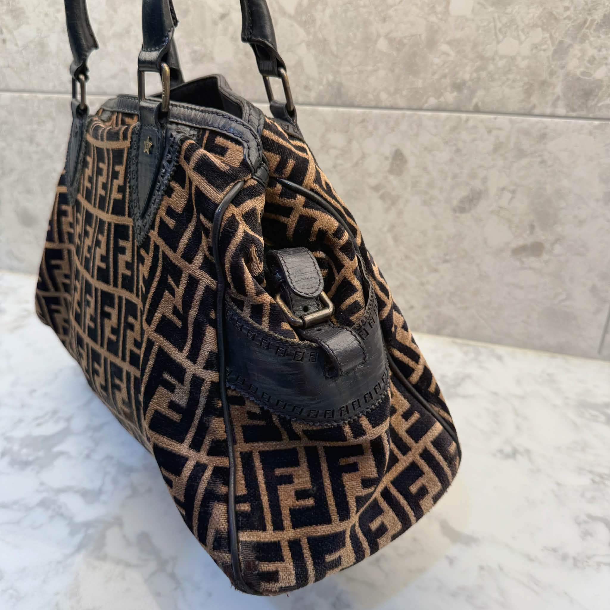 Fendi Black/Tobacco Velvet and Leather Medium Chef De Jour Bag