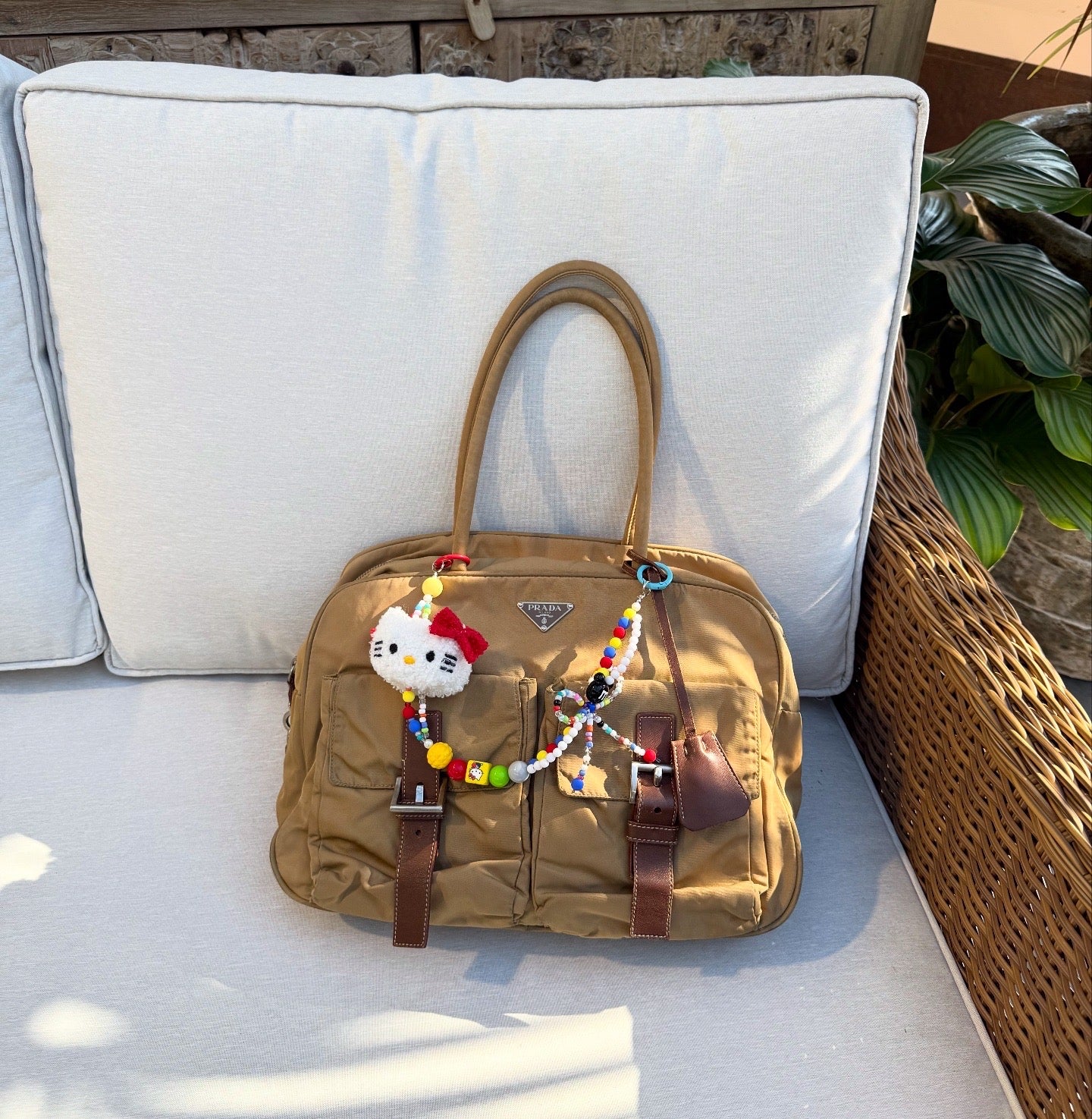 Prada Brown Tote Bag Nylon Pocket Triangular Logo