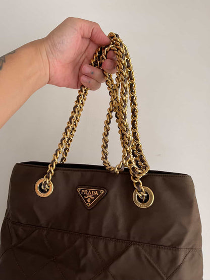 PRADA Chain Shoulder Bag Nylon Brown Gold