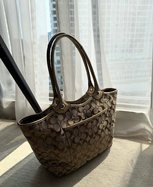 Coach Signature Jacquard Bleecker Brown Gold Metallic Leather Tote