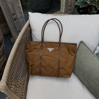 PRADA Bolso Tote Nylon Cuero Caqui
