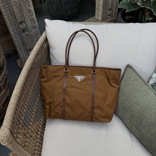 PRADA Bolso Tote Nylon Cuero Caqui