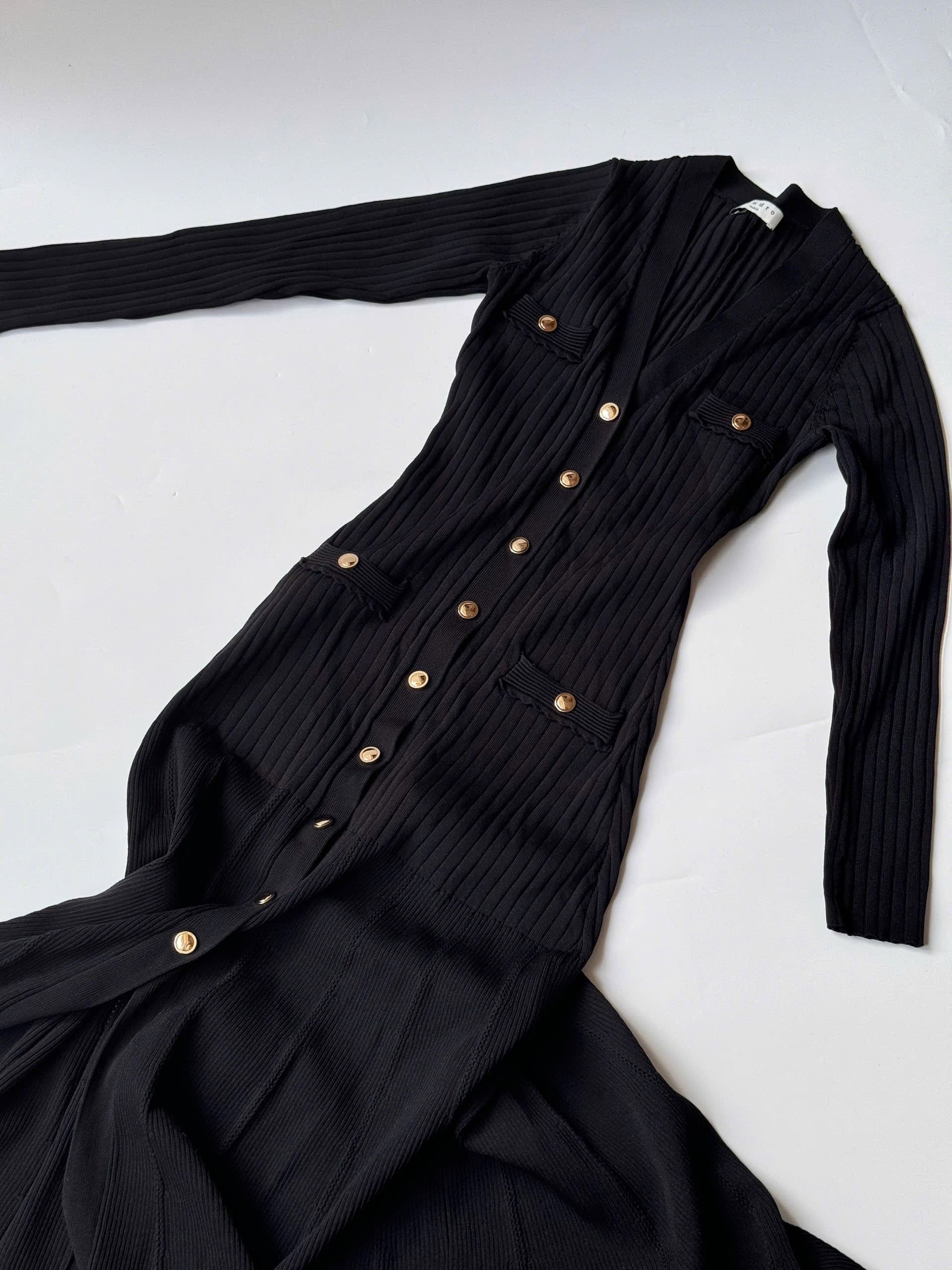SANDRO Jannel in Black Ribbed Stretch Knit Midi Cardigan Dress