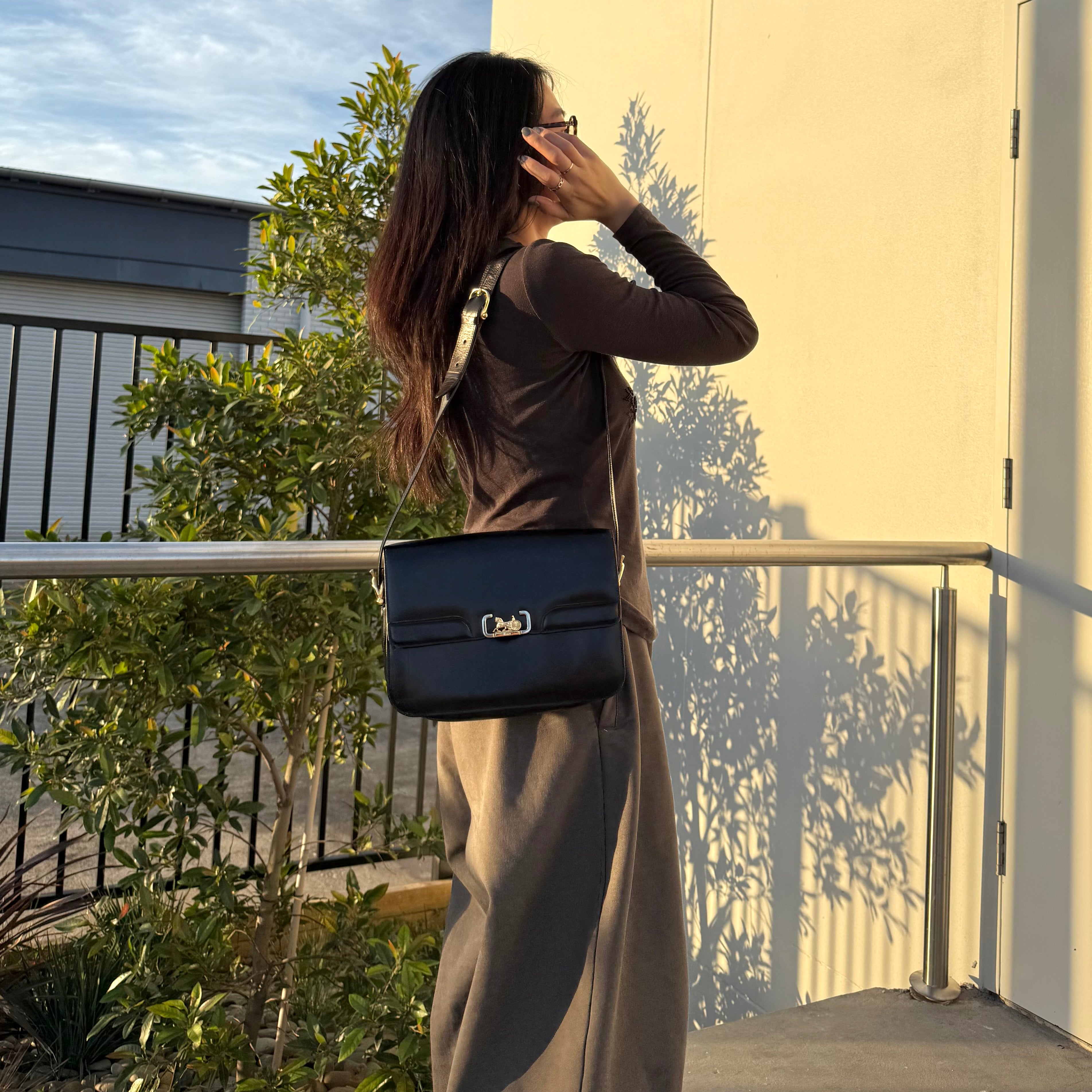 Celine Vintage Black Leather Horse Carriage Shoulder Bag