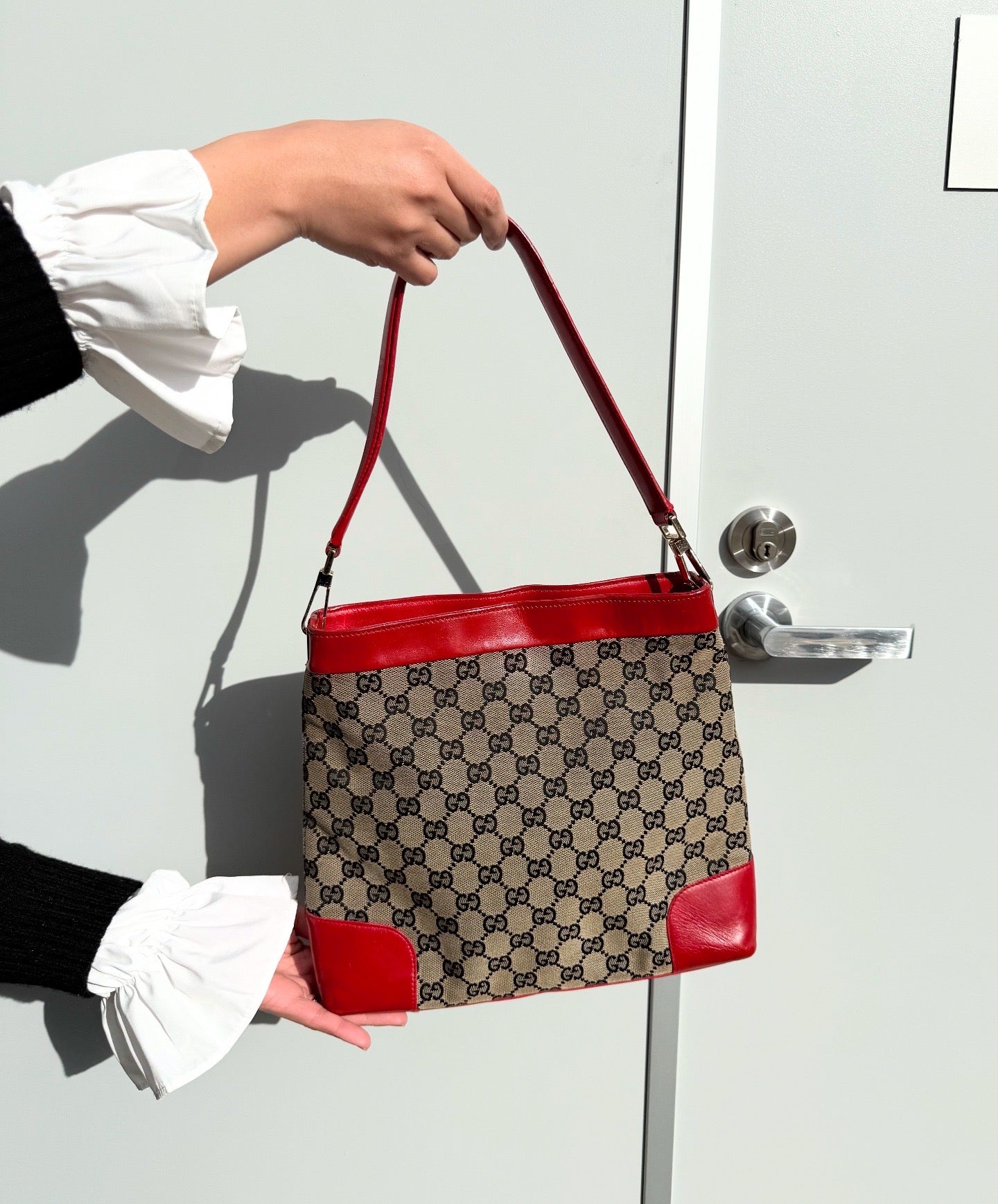 GUCCI GG Canvas One Shoulder Bag Red Leather