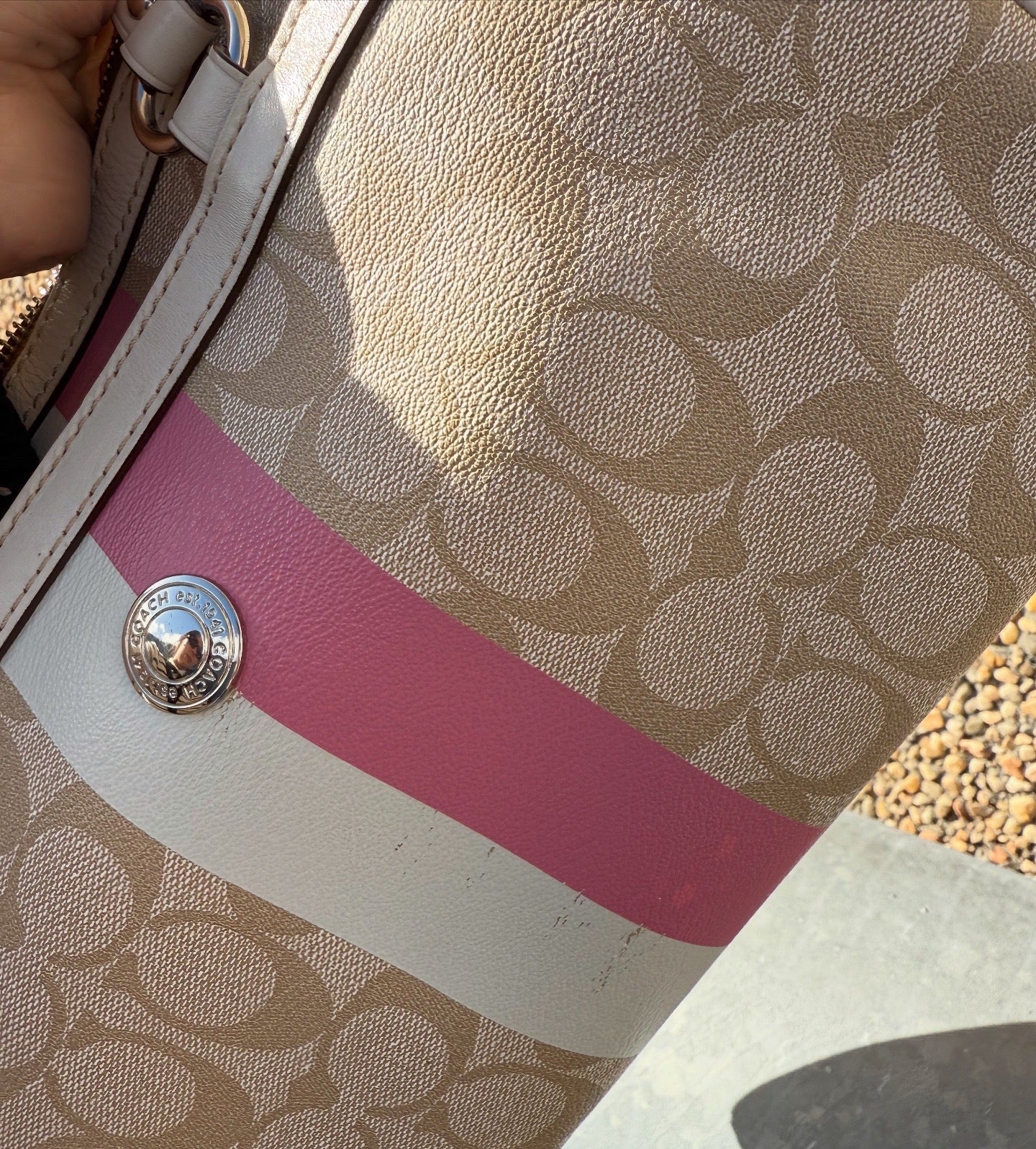 Coach Heritage Signature Stripe Barbie Peony Pink Coated Canvas Shoulder Bag