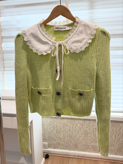 Self Portrait Contrast Collar Knit Cardigan - Avocado