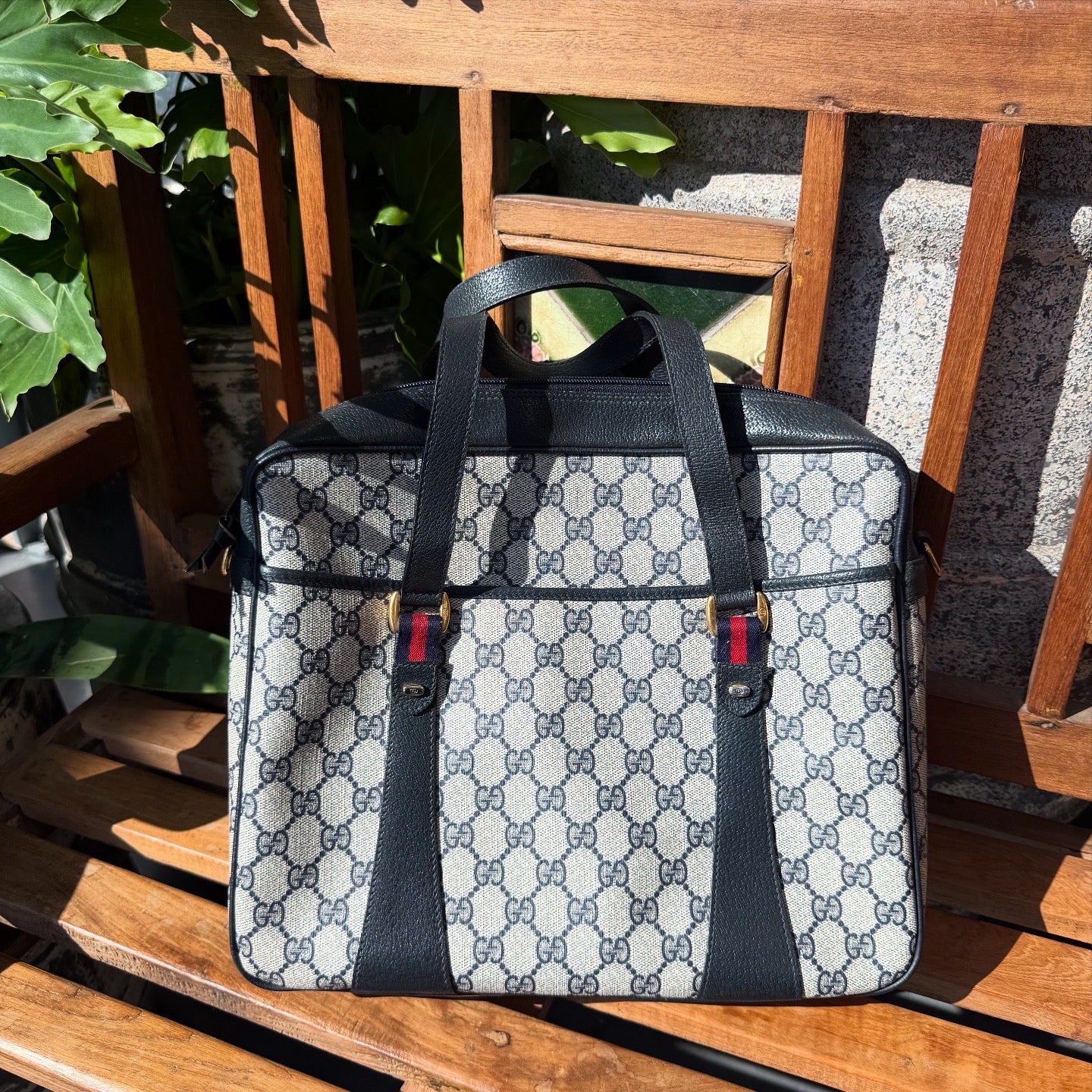 GUCCI GG Canvas Leather Sherry Line Satchel Bag