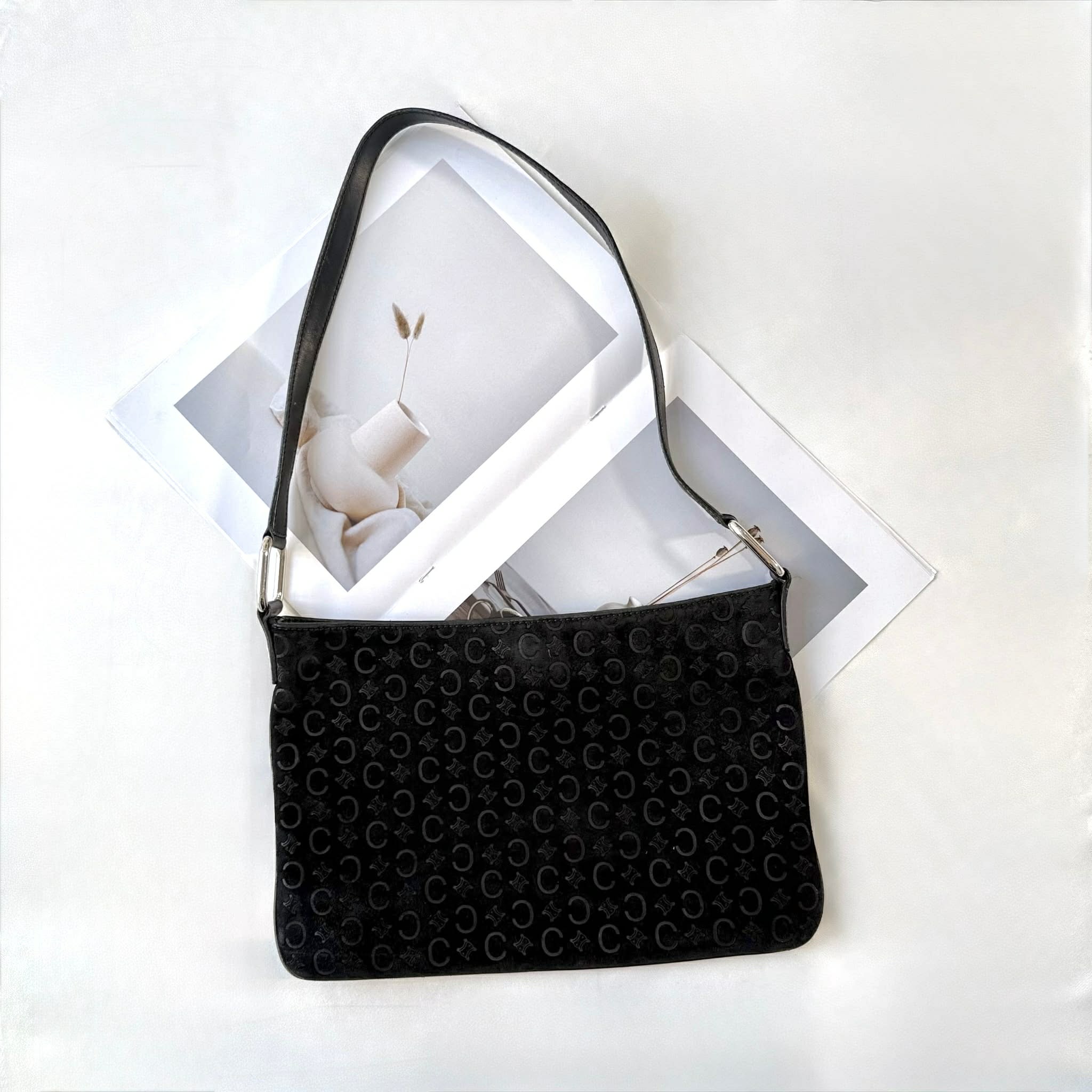 Celine Black C Logo Embossed Suede Leather