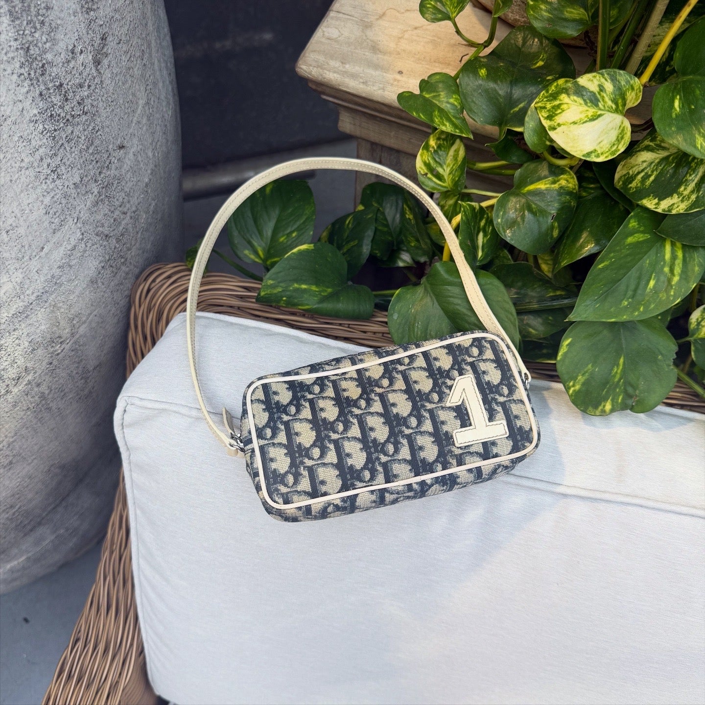Dior White Dior Oblique Trotter Baguette Blue Cream