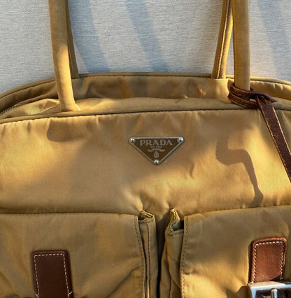 Prada Brown Tote Bag Nylon Pocket Triangular Logo