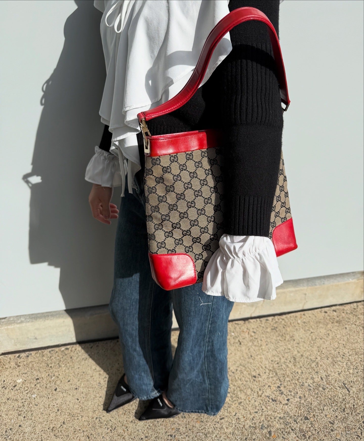 GUCCI GG Canvas One Shoulder Bag Red Leather